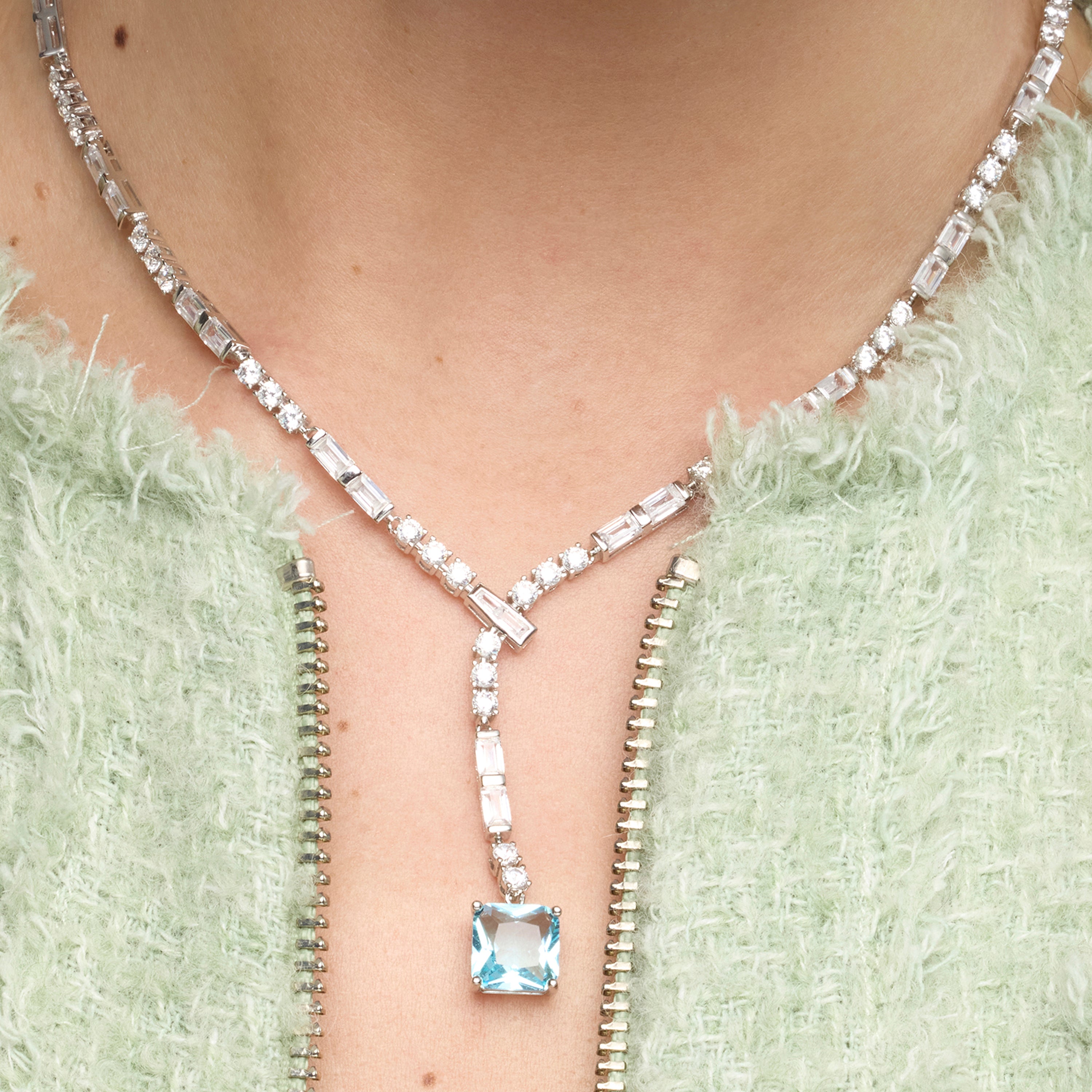 925 Sterling Silver Necklace with Aquamarine Zirconia Rhodium Finish - Faro
