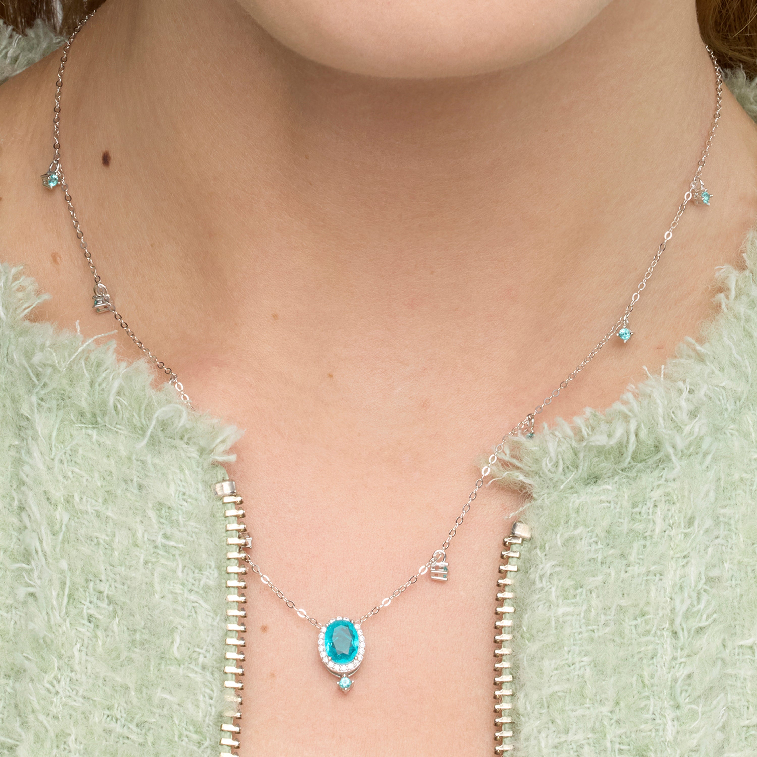 925er Sterlingsilber-Halskette und Paraiba-Grüner Hydrothermalquarz mit Rhodium-Finish - Ikner