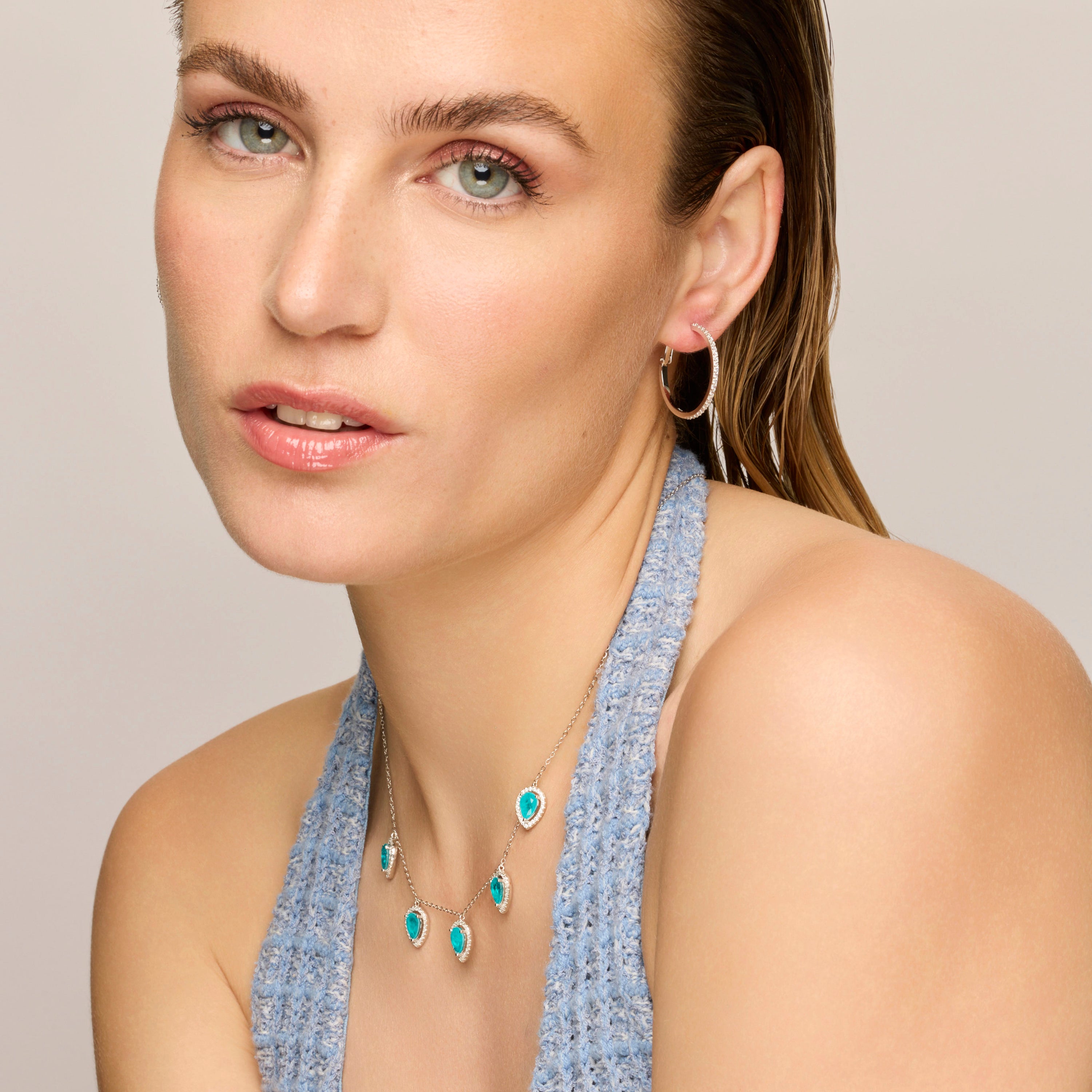 925er Sterlingsilber-Halskette und hydrothermales Aquamarin mit Rhodium-Finish - Waxo