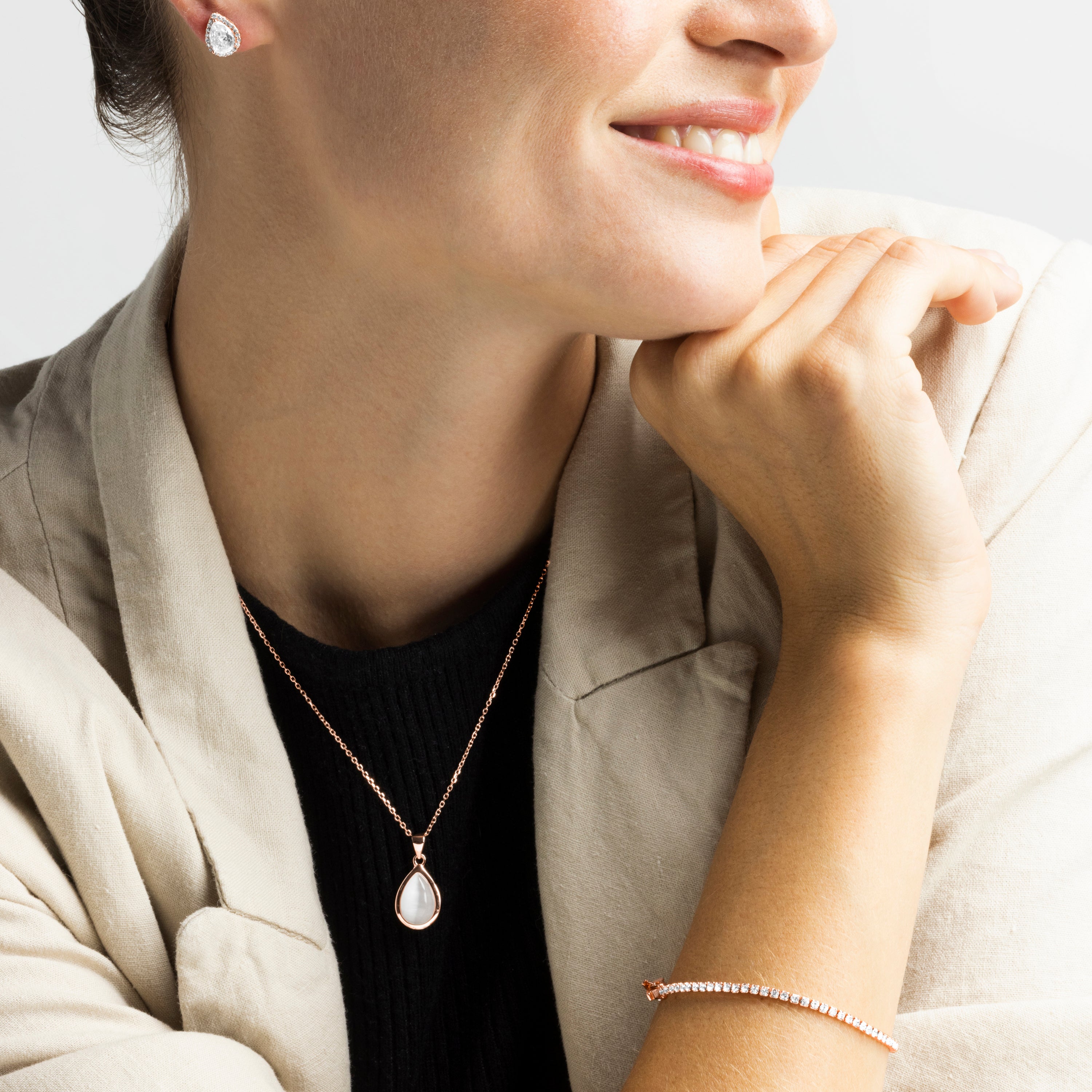 Collier en argent sterling 925 avec œil de chat finition or rose 18K - Yedia
