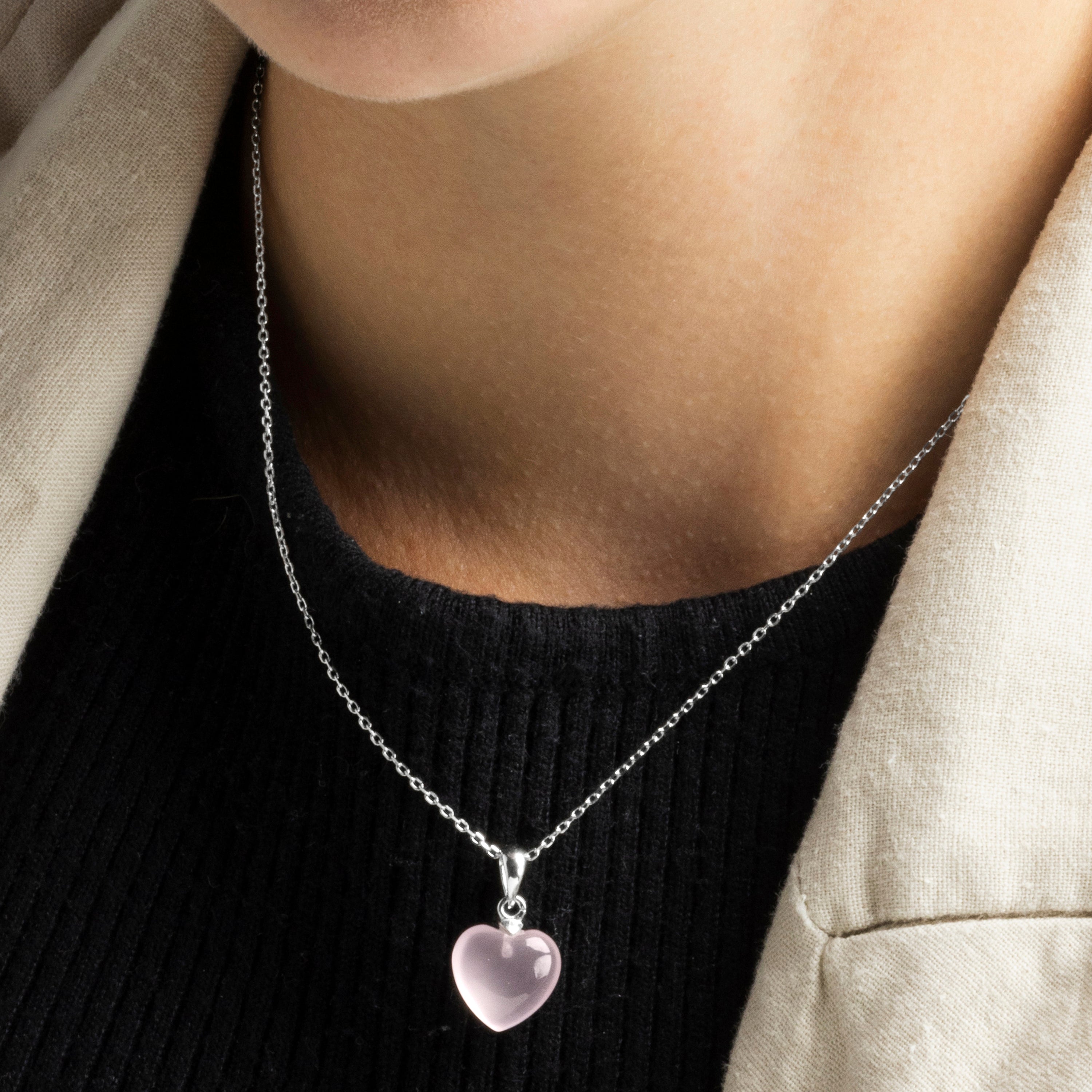 Colar de Prata de Lei 925 com Quartzo Rosa acabamento em ródio - Yedia