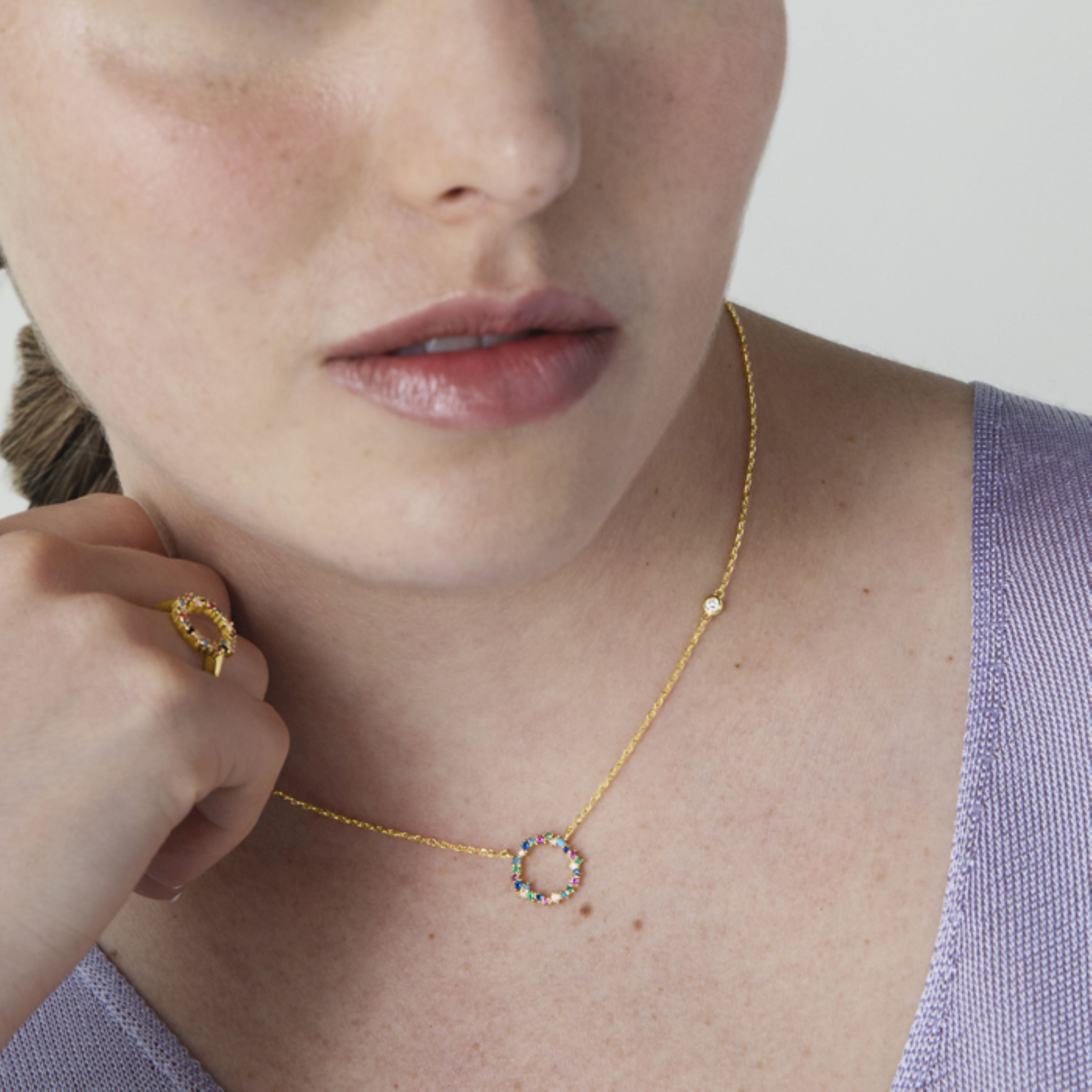 925 Sterling Silver Necklace with Multicolor Zirconia finished in 18K Yellow Gold - Thilak