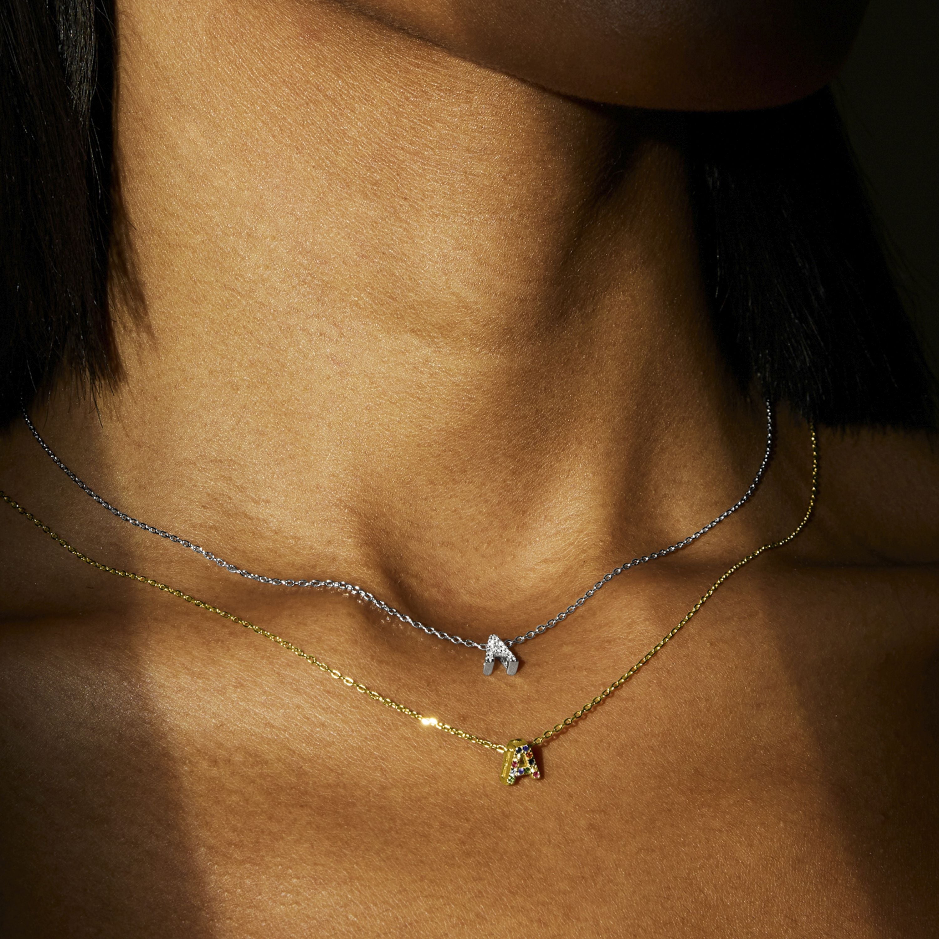 Colar de Prata de Lei 925 com Zircónia Multicolor acabamento em ouro amarelo 18K - Alphabet