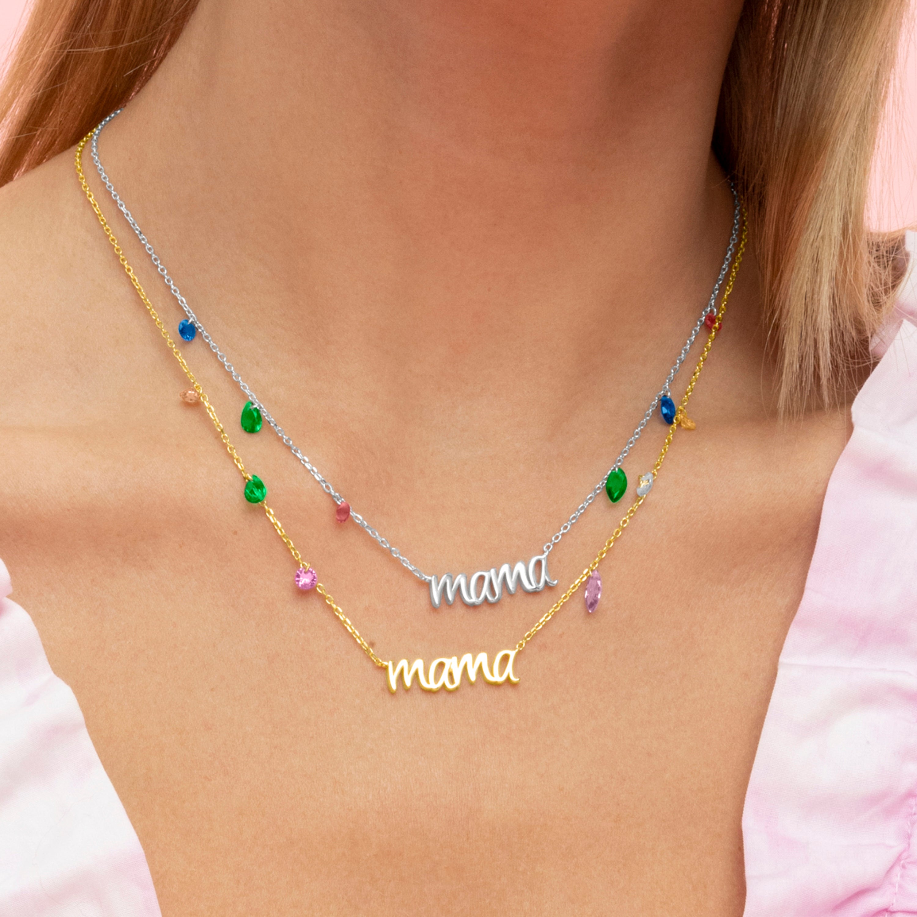 Collier en argent sterling 925 avec zircon multicolore finition or 18k - Maman