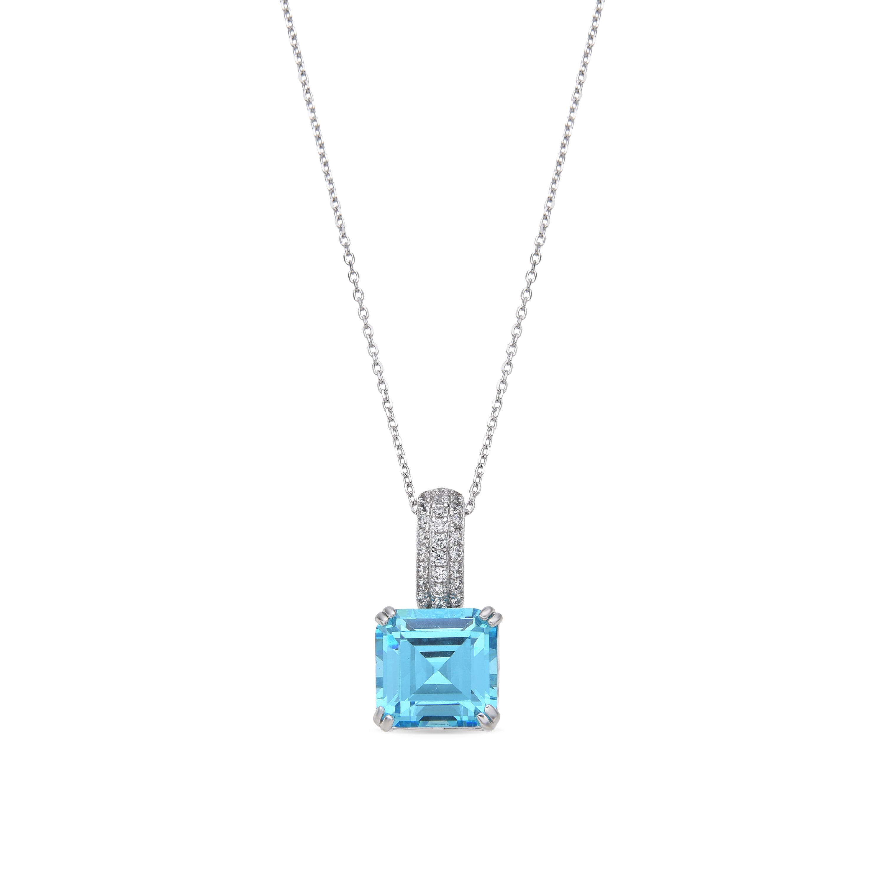 925 Sterling Silver Necklace with Aquamarine Zirconia Rhodium Finish - Balcay