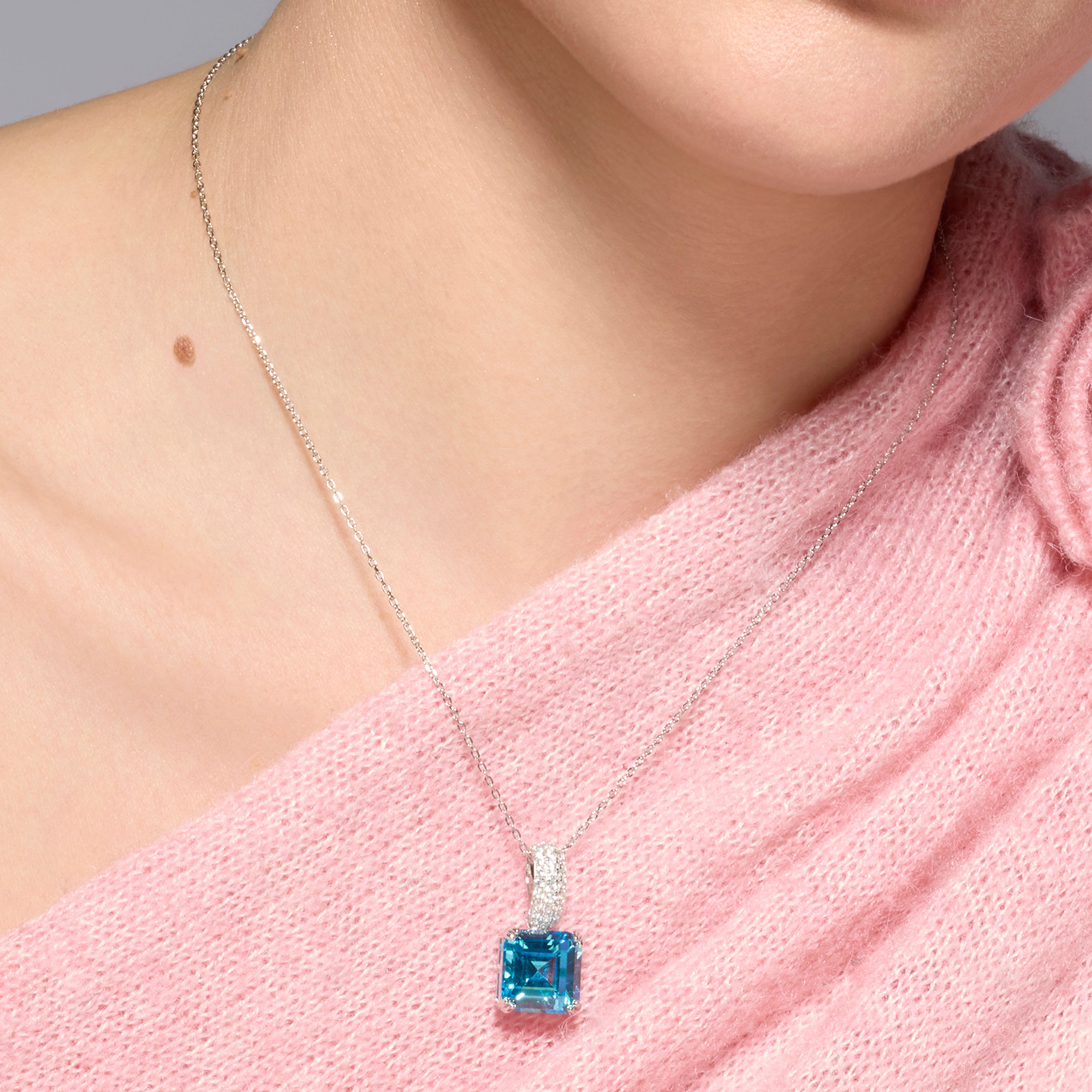 925 Sterling Silver Necklace with Aquamarine Zirconia Rhodium Finish - Balcay