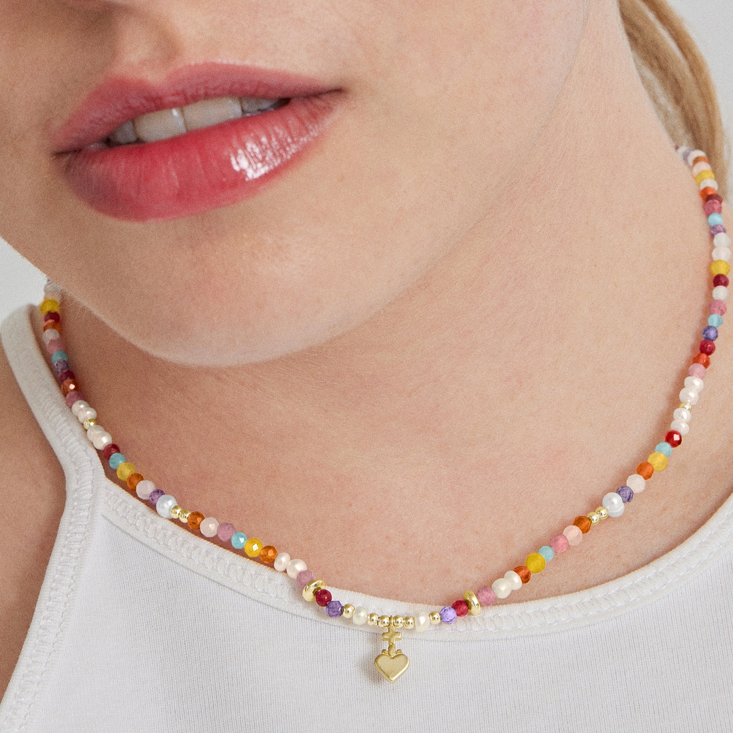 925 Sterling Silver Necklace with Multicolor Crystal finished in 18K Yellow Gold - Nymox