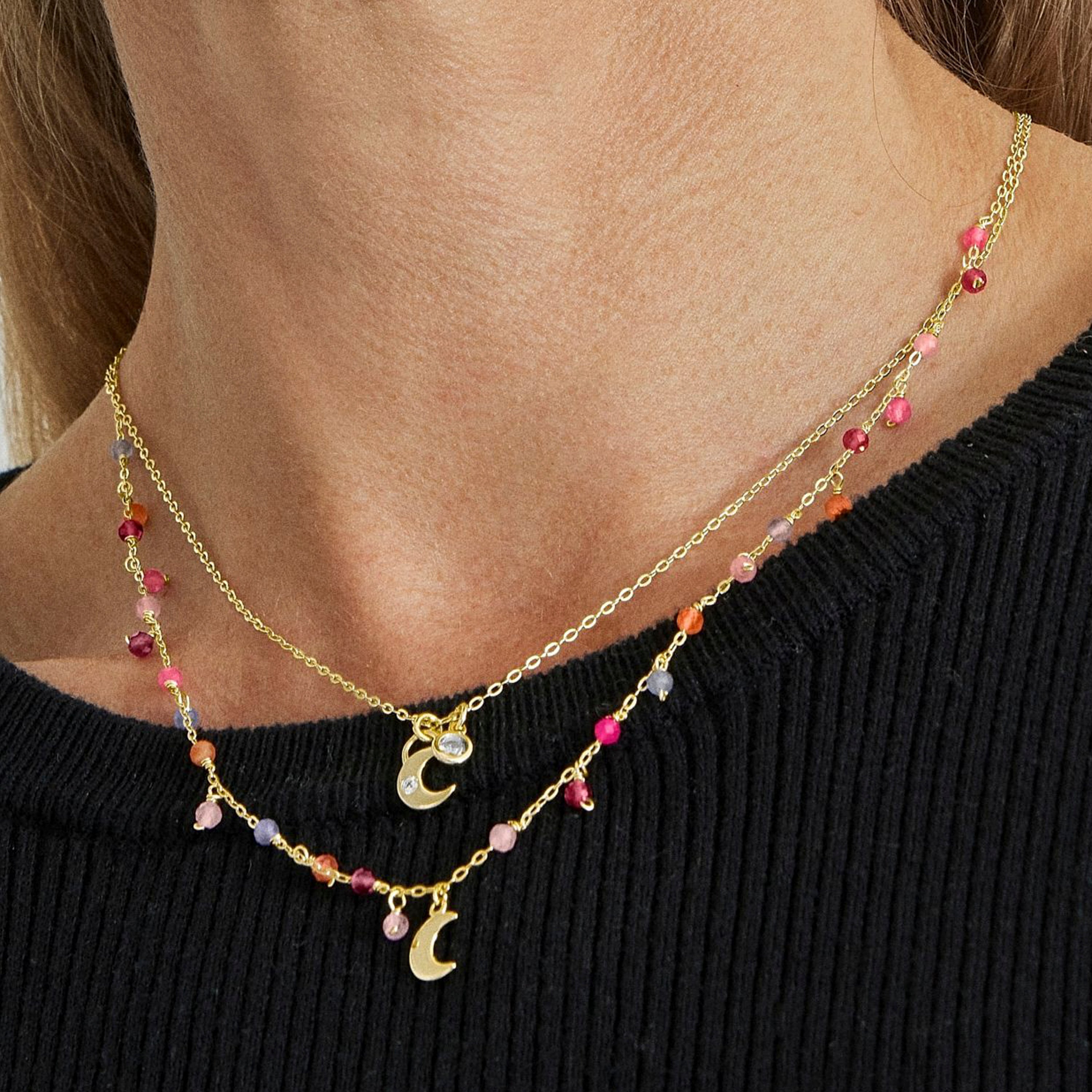 Colar de Prata de Lei 925 com Cristal Multicolor acabado em ouro amarelo 18K - Aiel
