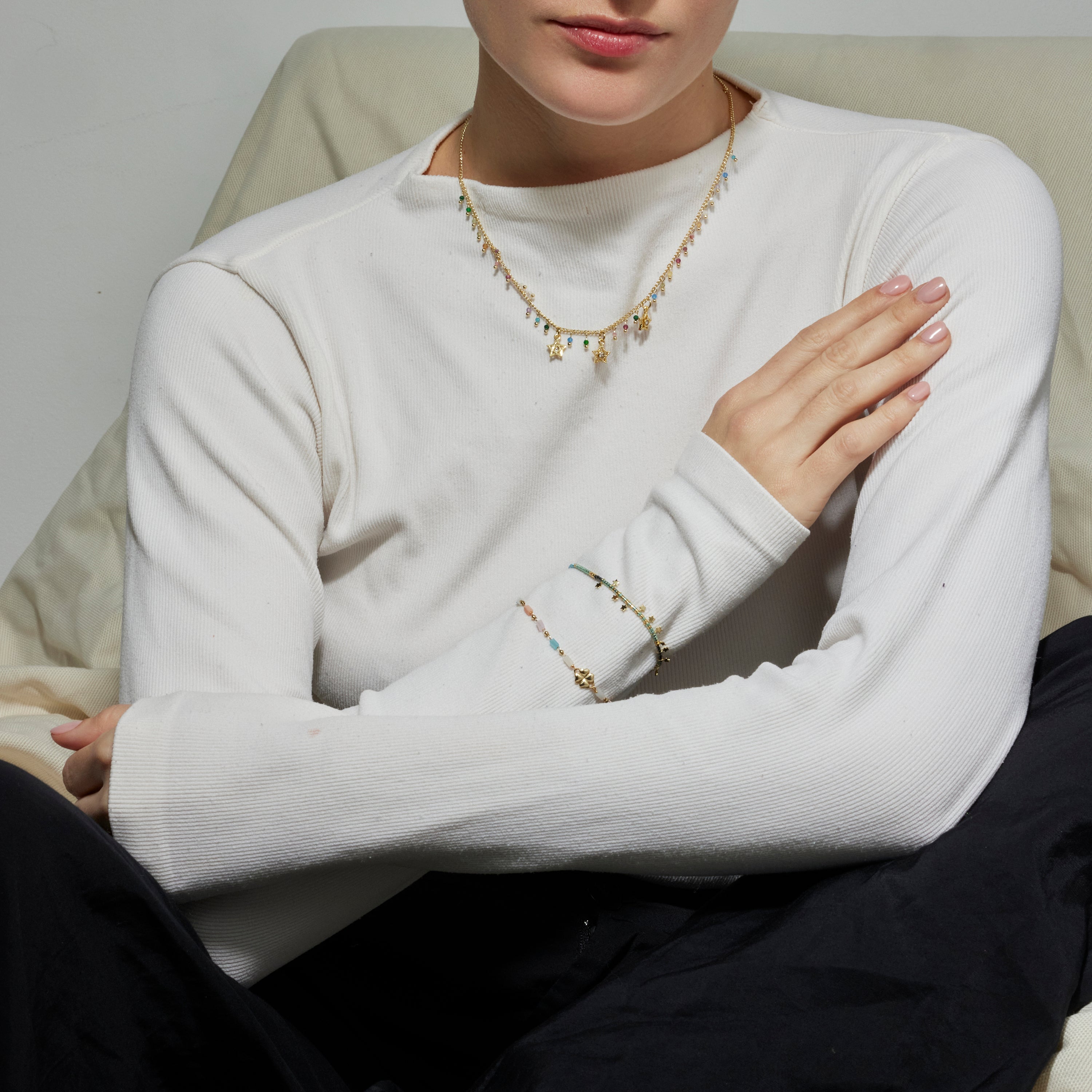 925er Silbercollier mit mehrfarbigem Kristall, vergoldet mit 18K Gelbgold - Sesse