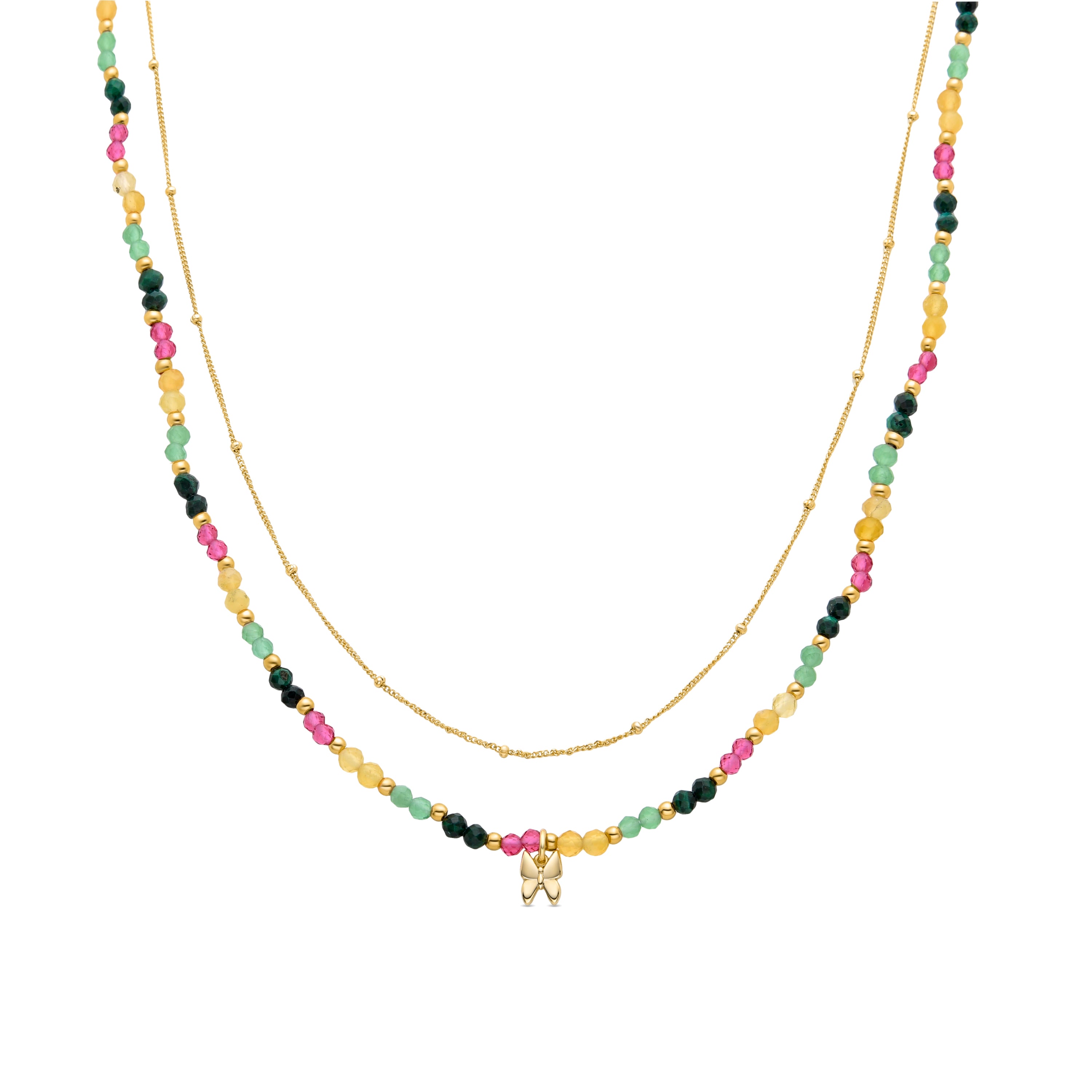 925er Sterlingsilber-Halskette mit grünem Kristall, vergoldet mit 18K Gelbgold - Schmetterling