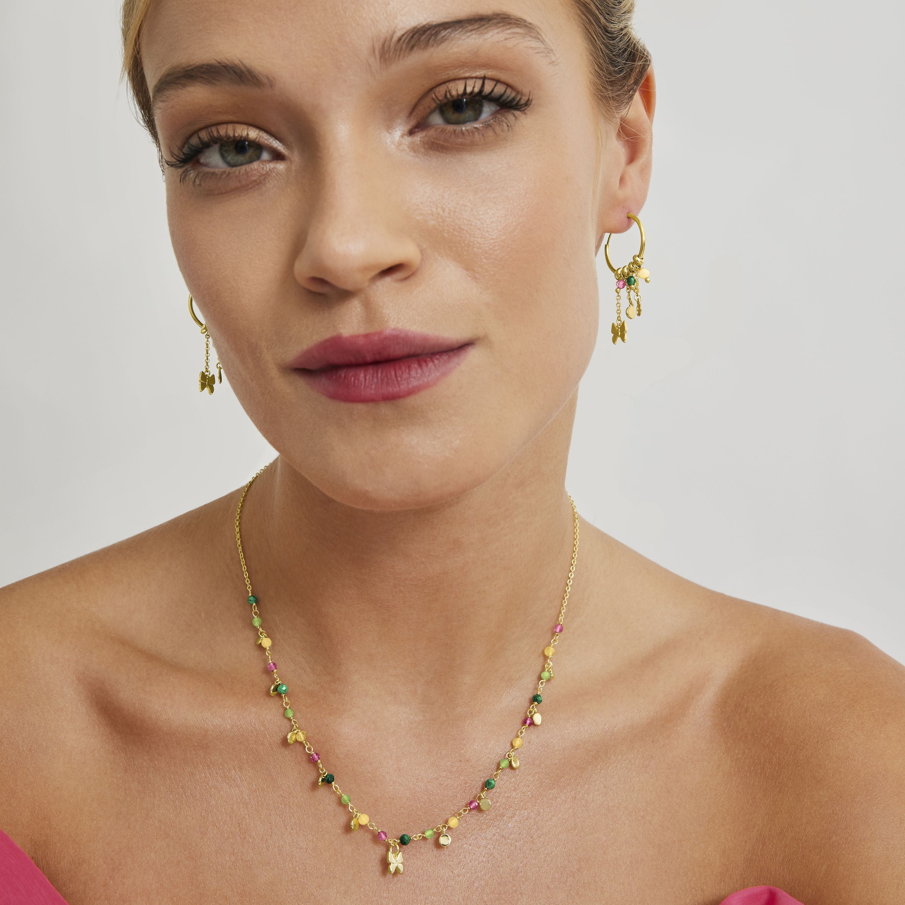 Collier en argent sterling 925 avec cristal vert finition or jaune 18K - Papillon