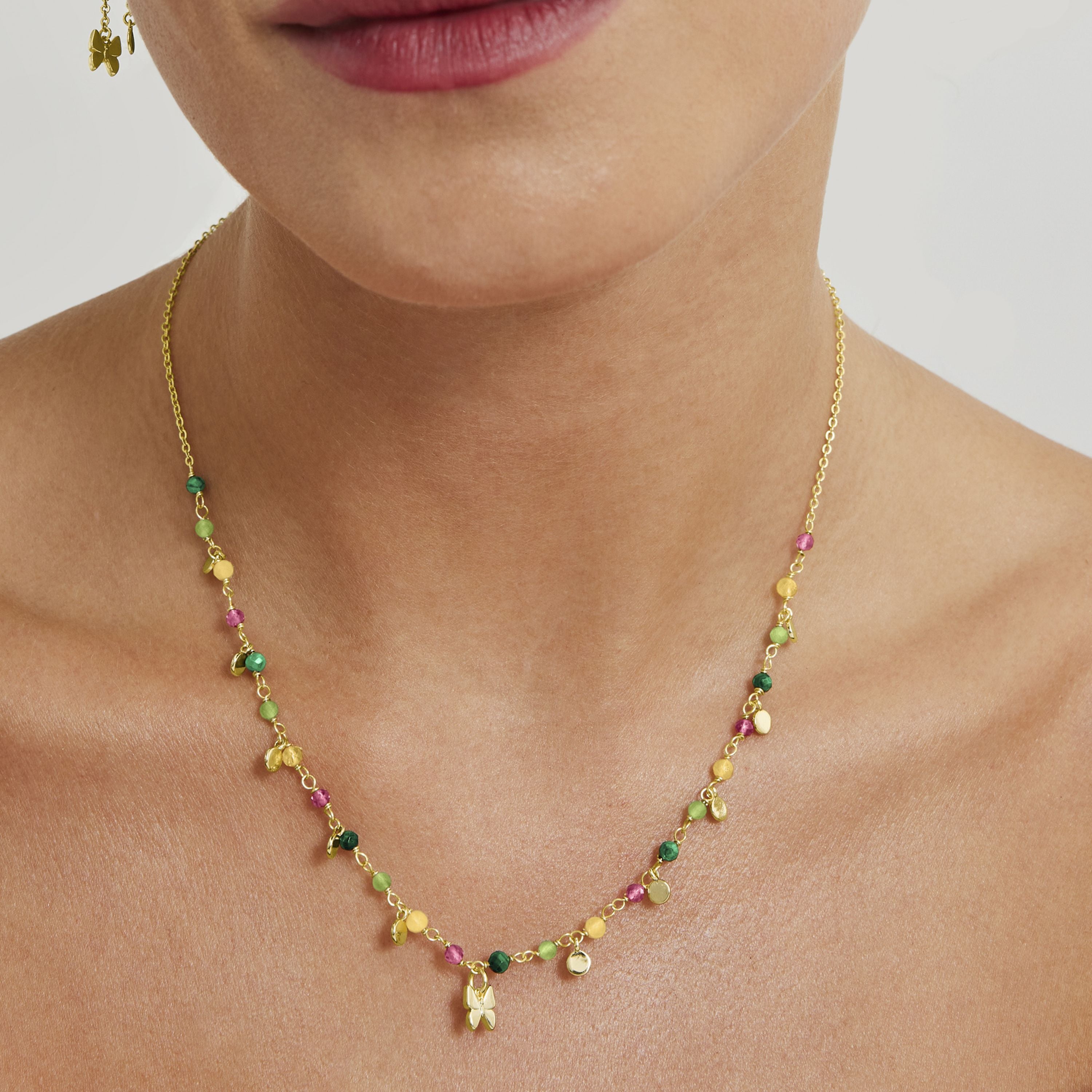 Collier en argent sterling 925 avec cristal vert finition or jaune 18K - Papillon