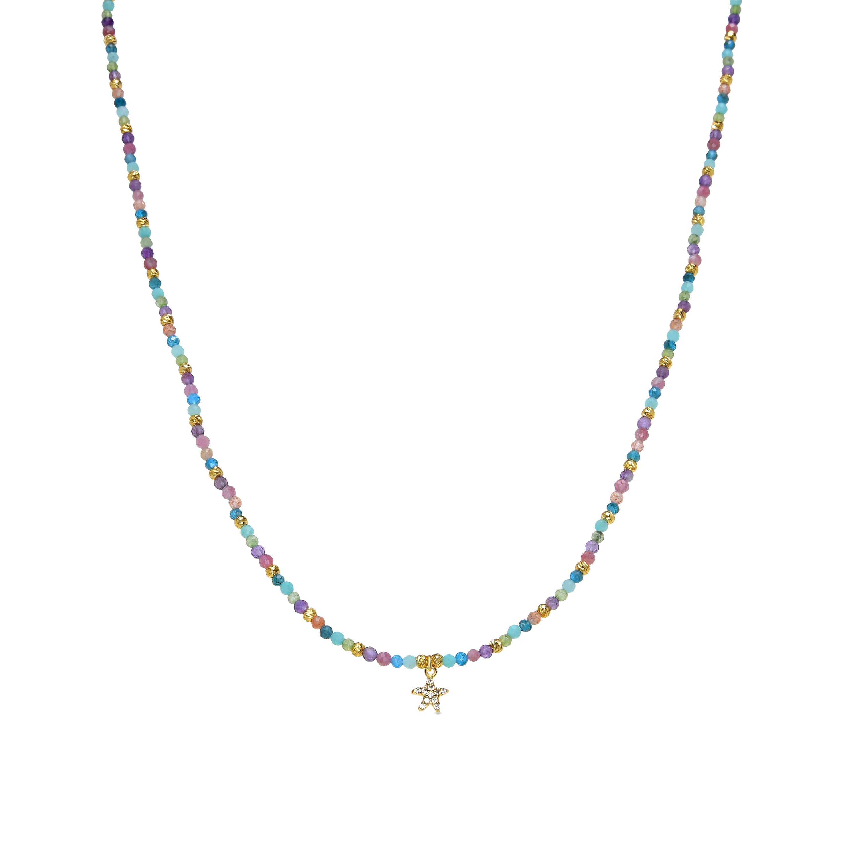 925er Sterlingsilber-Halskette mit mehrfarbigem Kristall, vergoldet mit 18K Gelbgold - Stern