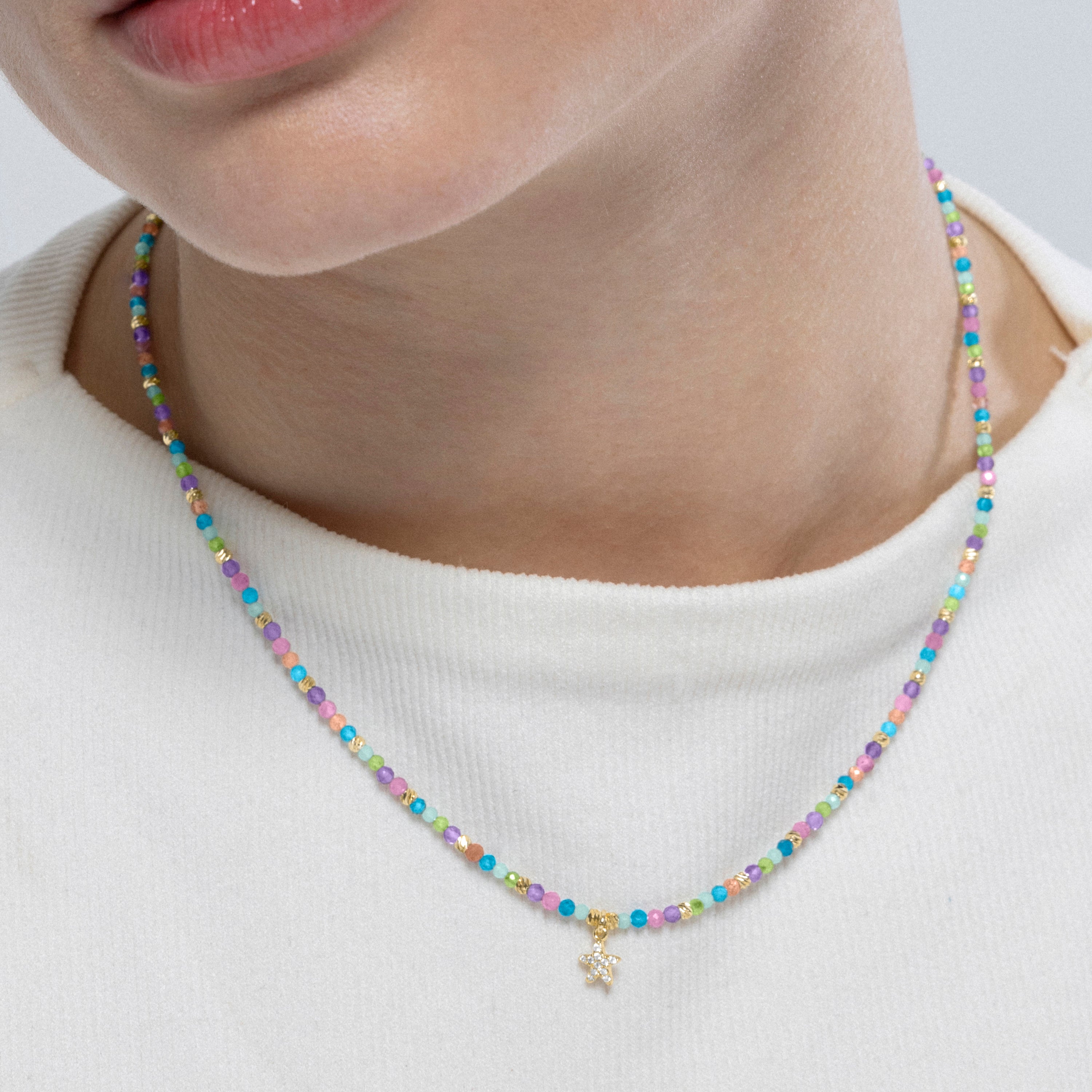 925er Sterlingsilber-Halskette mit mehrfarbigem Kristall, vergoldet mit 18K Gelbgold - Stern