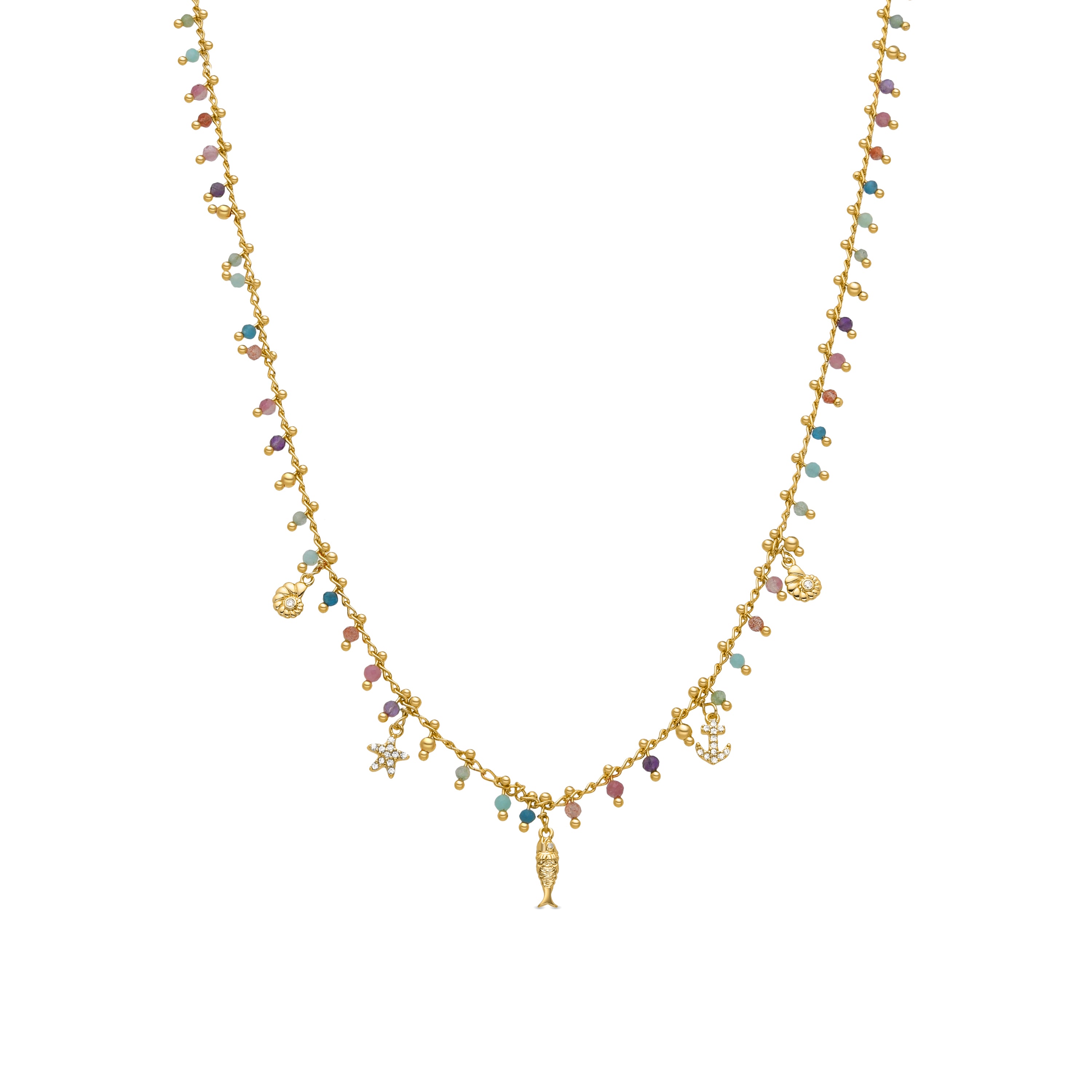 925er Sterlingsilber-Halskette mit mehrfarbigem Kristall, vergoldet mit 18K Gelbgold - Anker