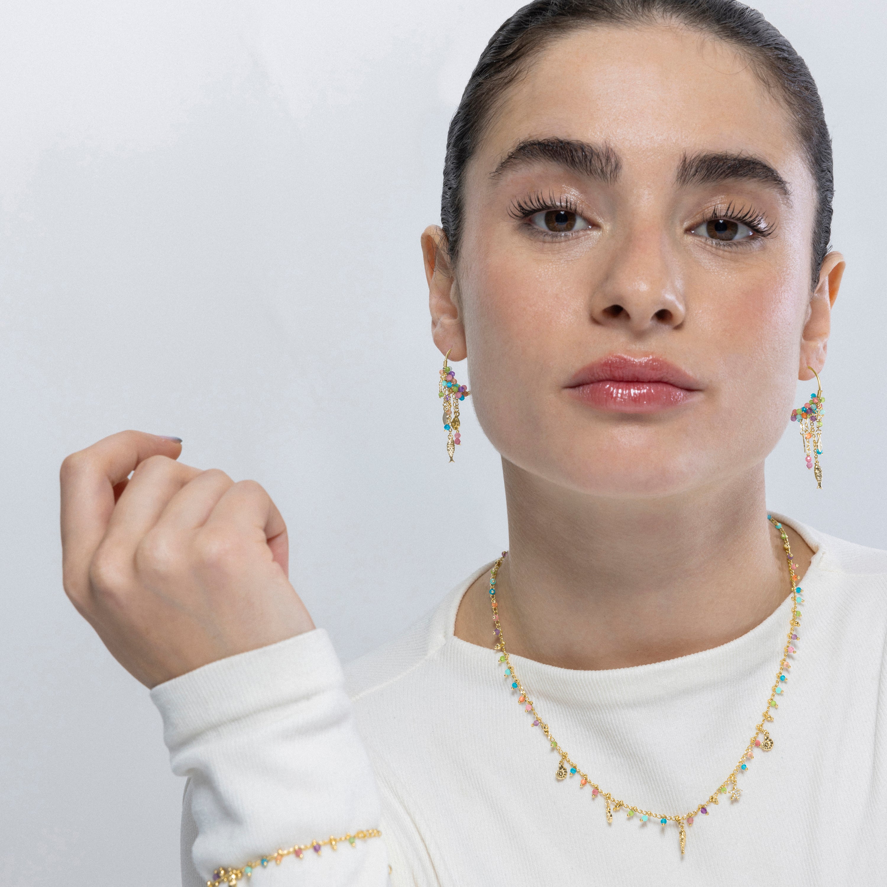 925er Sterlingsilber-Halskette mit mehrfarbigem Kristall, vergoldet mit 18K Gelbgold - Anker