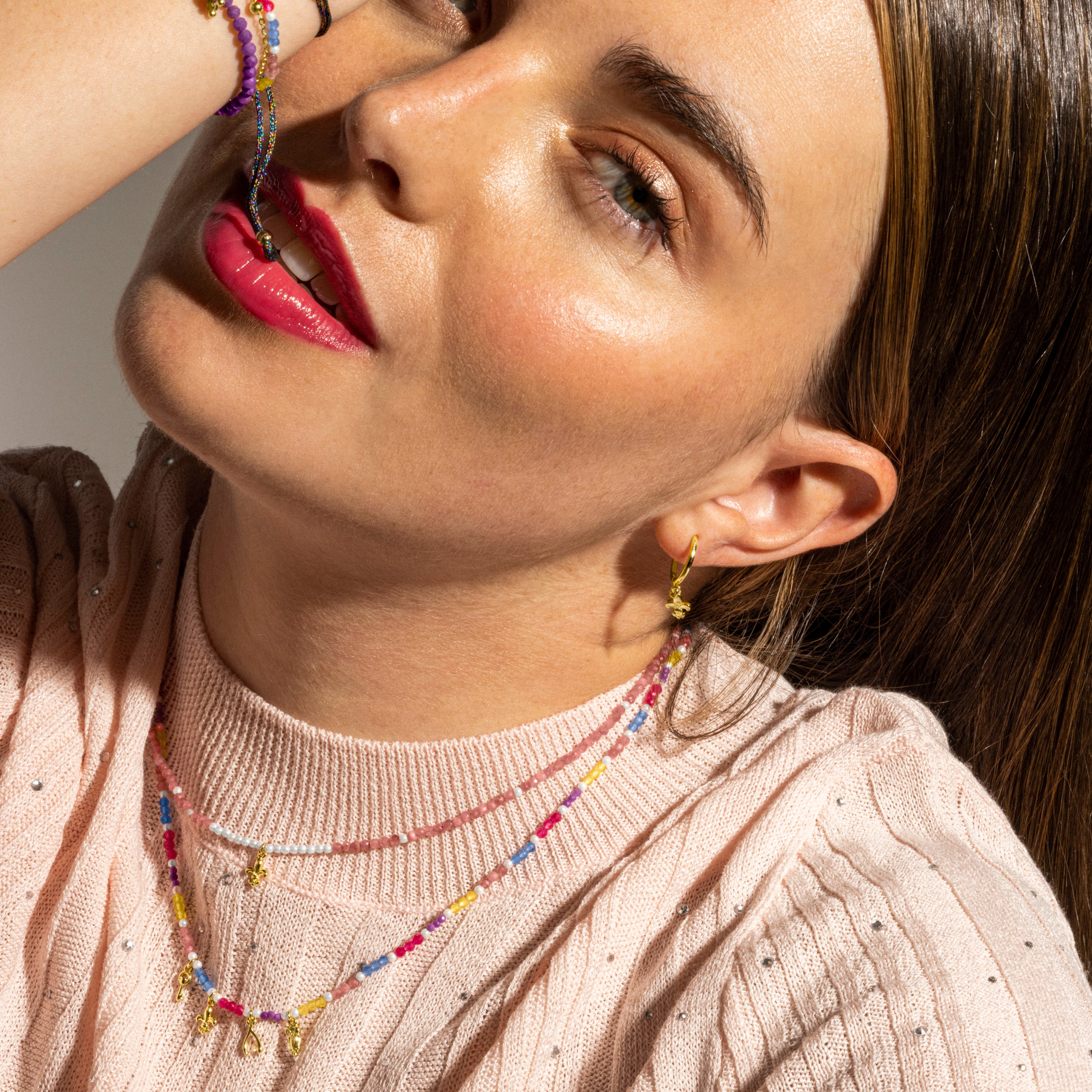 925 Sterling Silver Necklace with Pink Crystal finished in 18k Gold - Atlo
