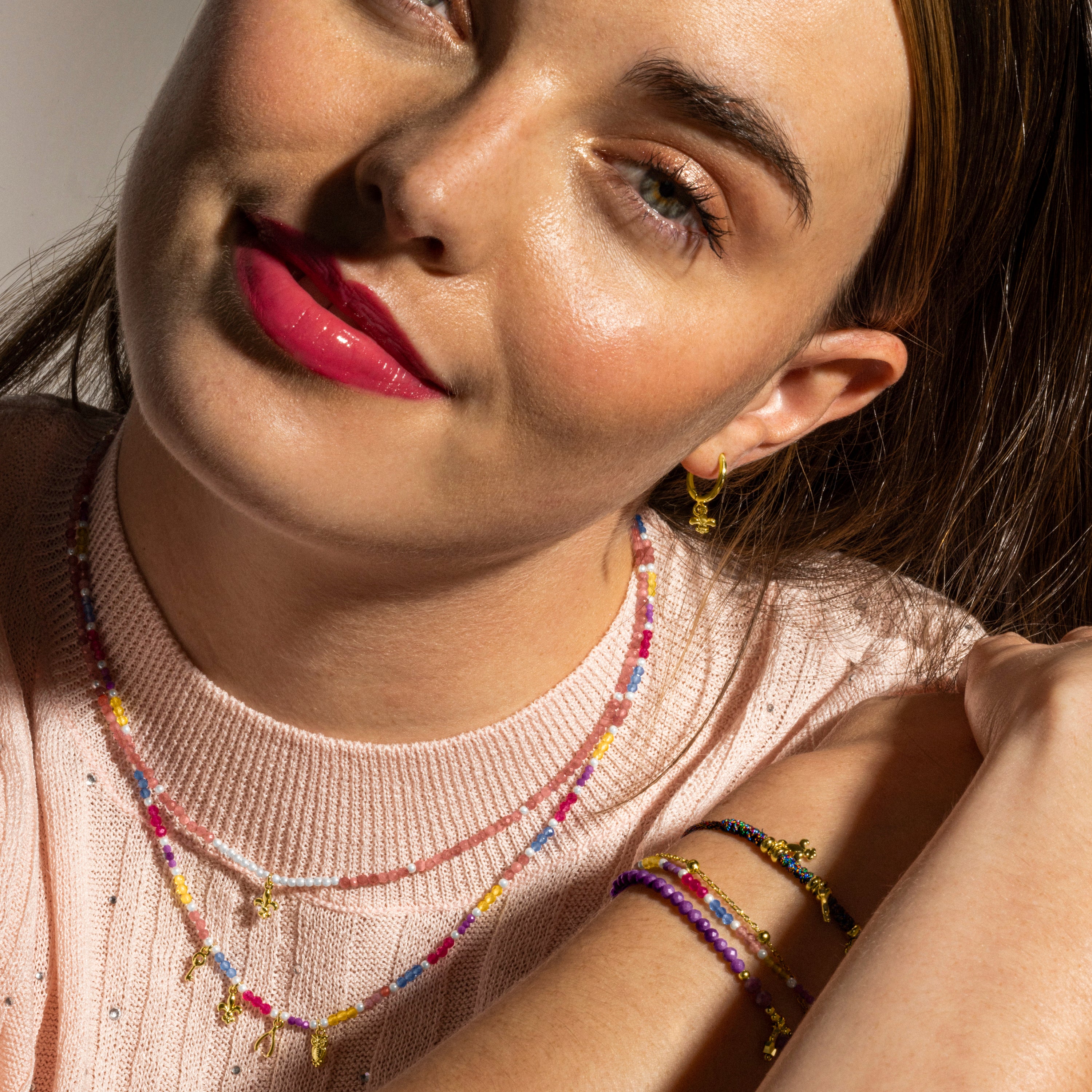 925 Sterling Silver Necklace with Pink Crystal finished in 18k Gold - Atlo