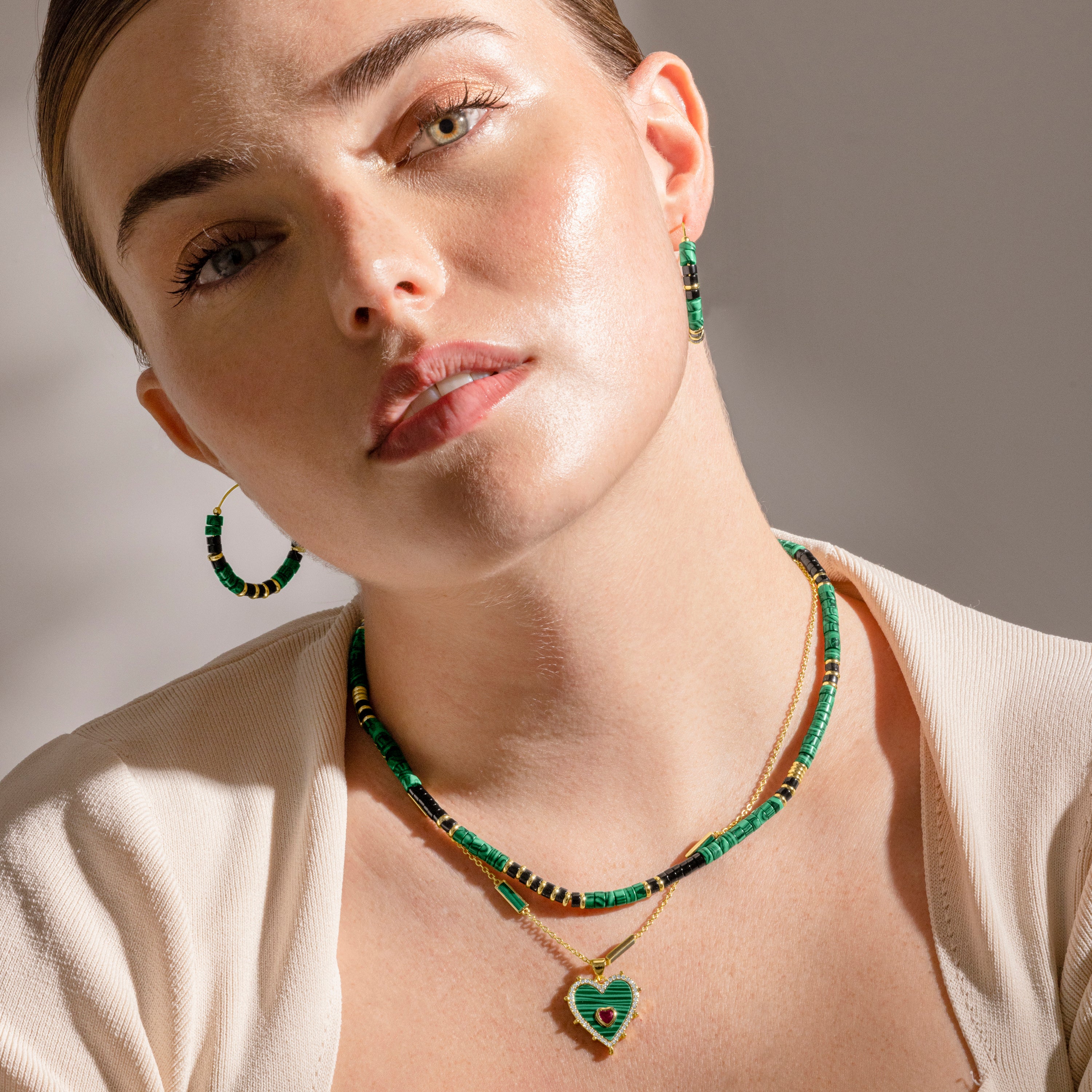 Collier en argent sterling 925 et malachite finition or 18k - Limy