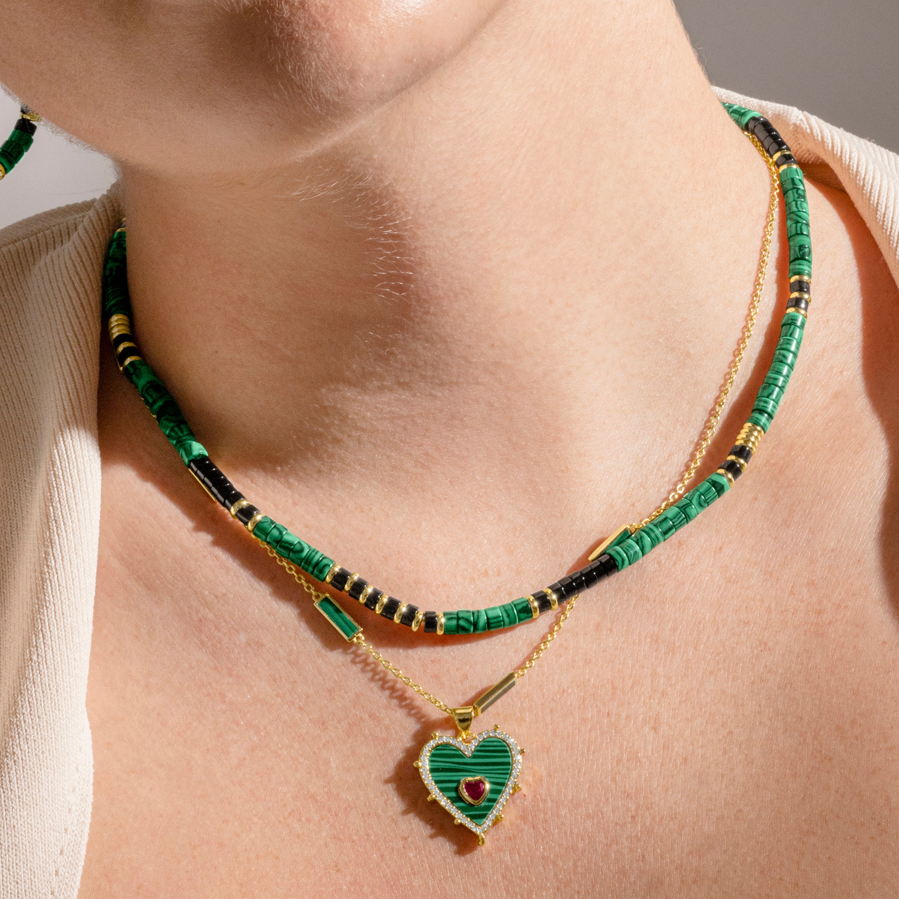 Collier en argent sterling 925 et malachite finition or 18k - Limy