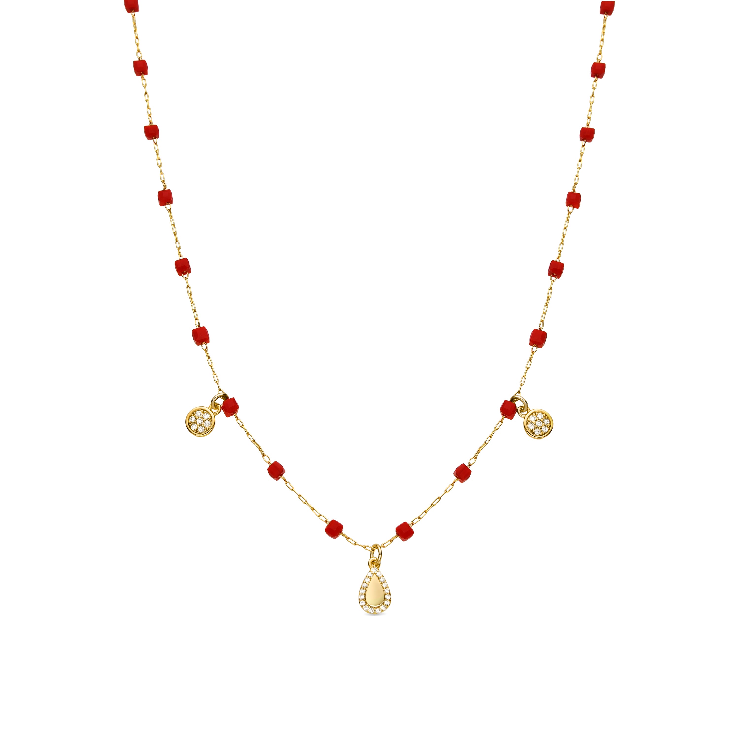 925 Sterling Silver Necklace with Red Crystal finished in 18k Yellow Gold - Kirrio