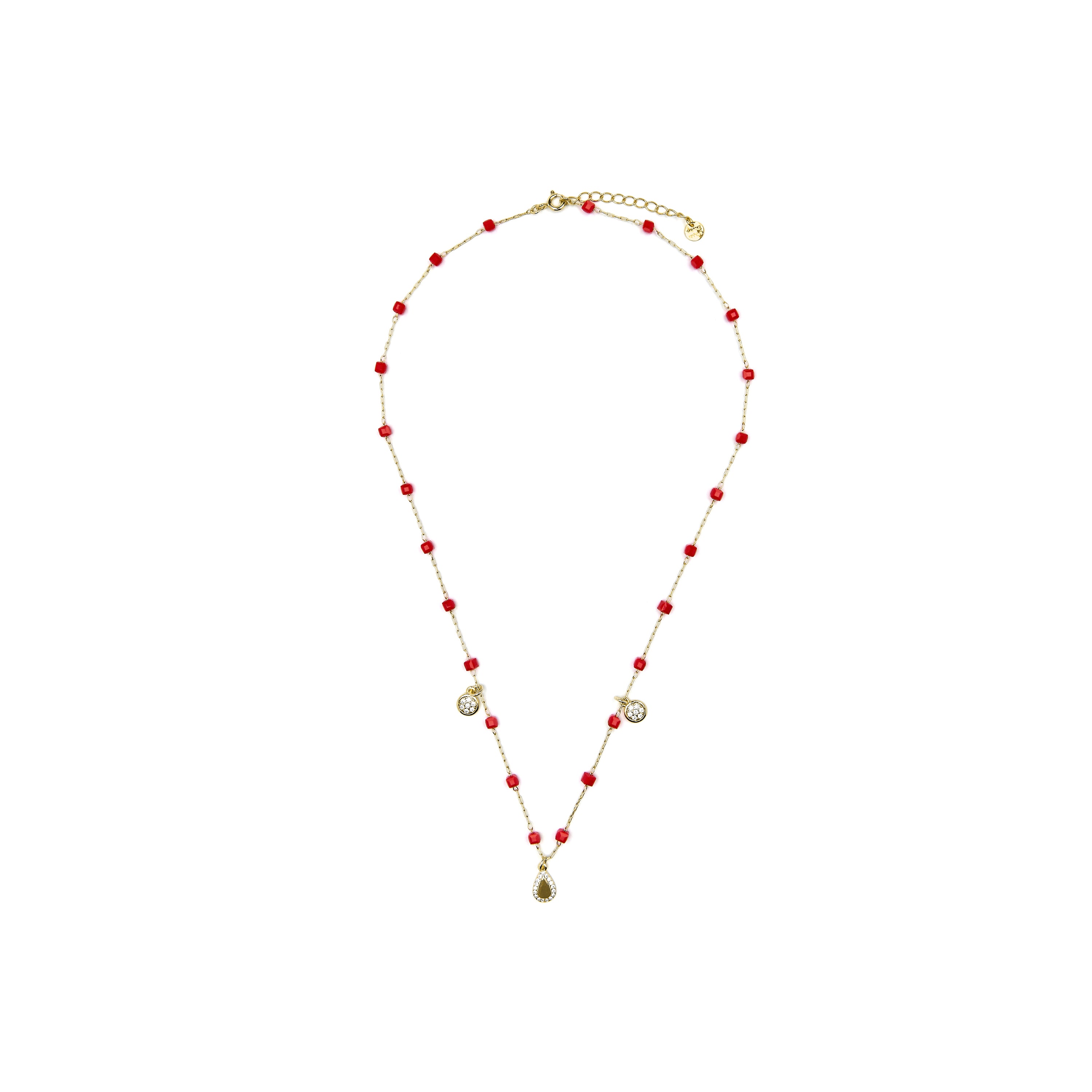 925 Sterling Silver Necklace with Red Crystal finished in 18k Yellow Gold - Kirrio