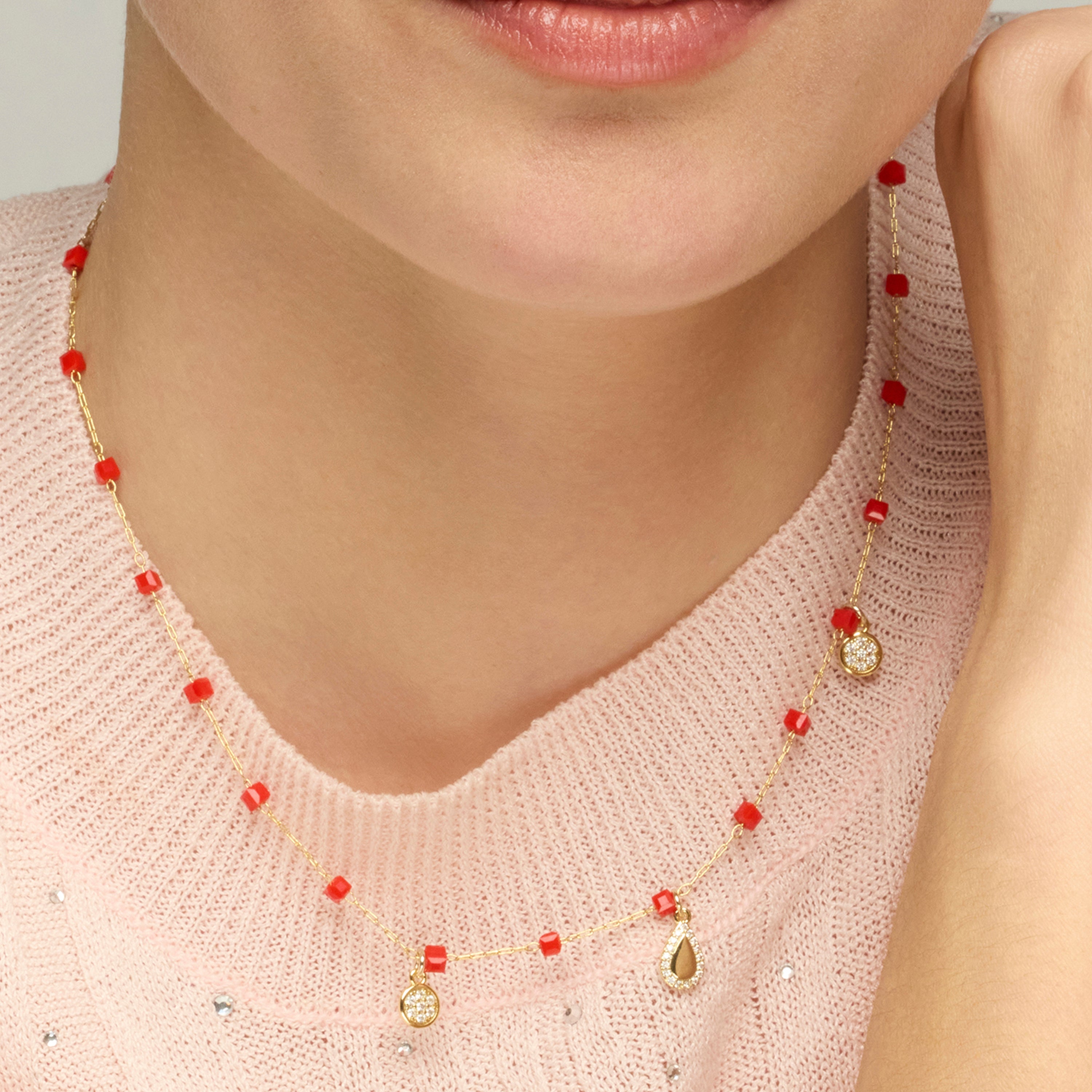 925 Sterling Silver Necklace with Red Crystal finished in 18k Yellow Gold - Kirrio