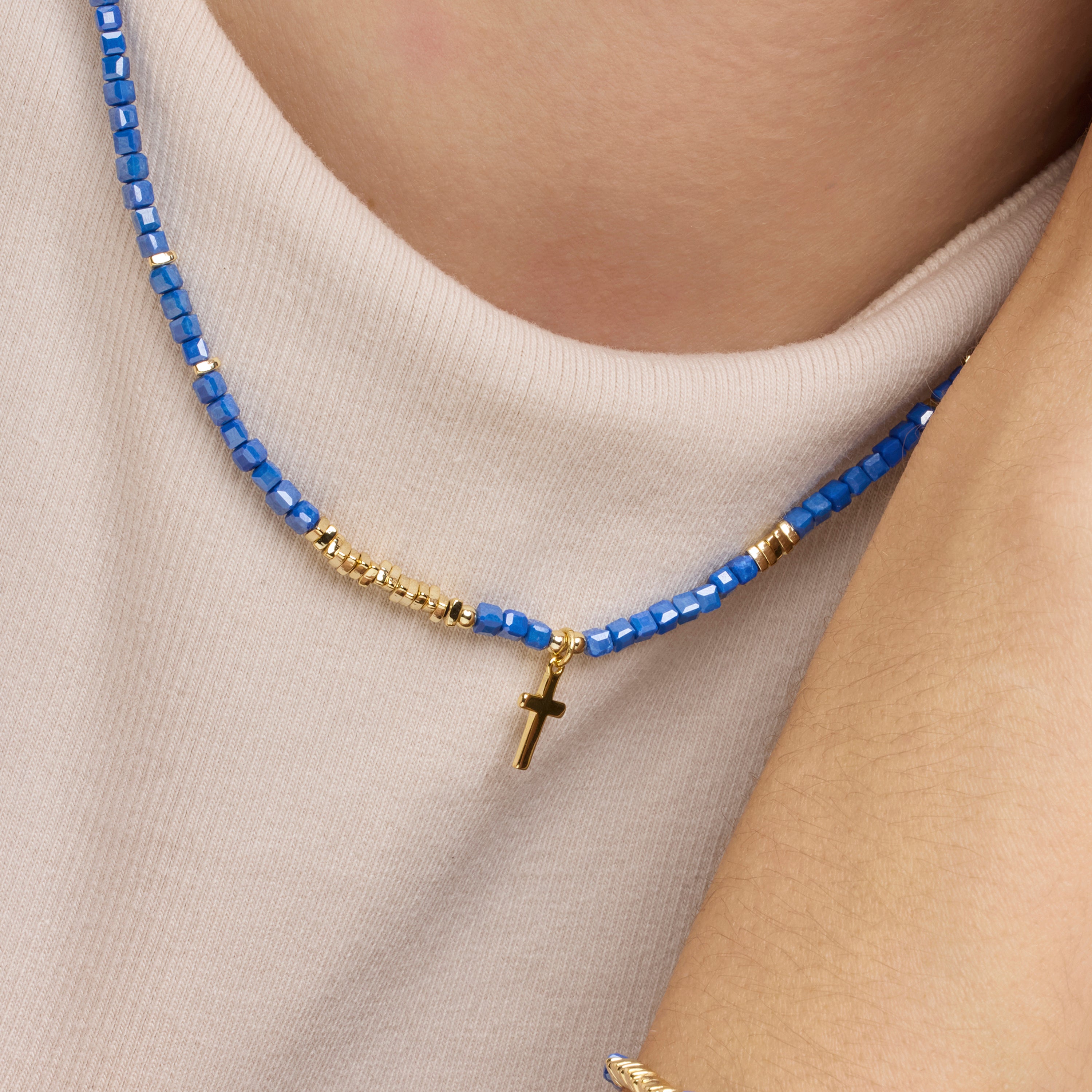 Colar de Prata de Lei 925 e Cristal Azul Escuro com acabamento em ouro amarelo de 18k - Iszun