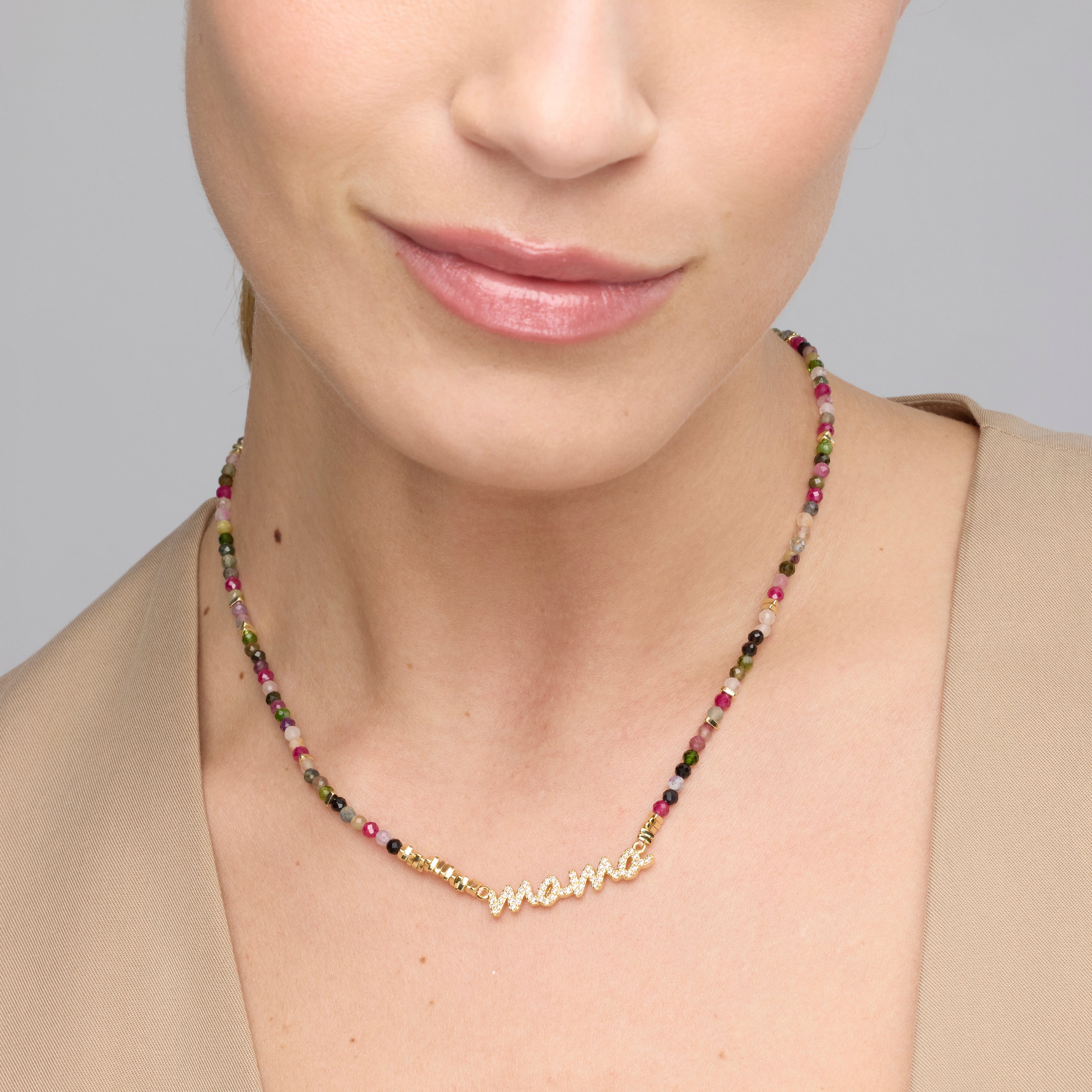 Collar de Plata de Ley 925 y Turmalina Multicolor acabado oro amarillo de 18k - Mama