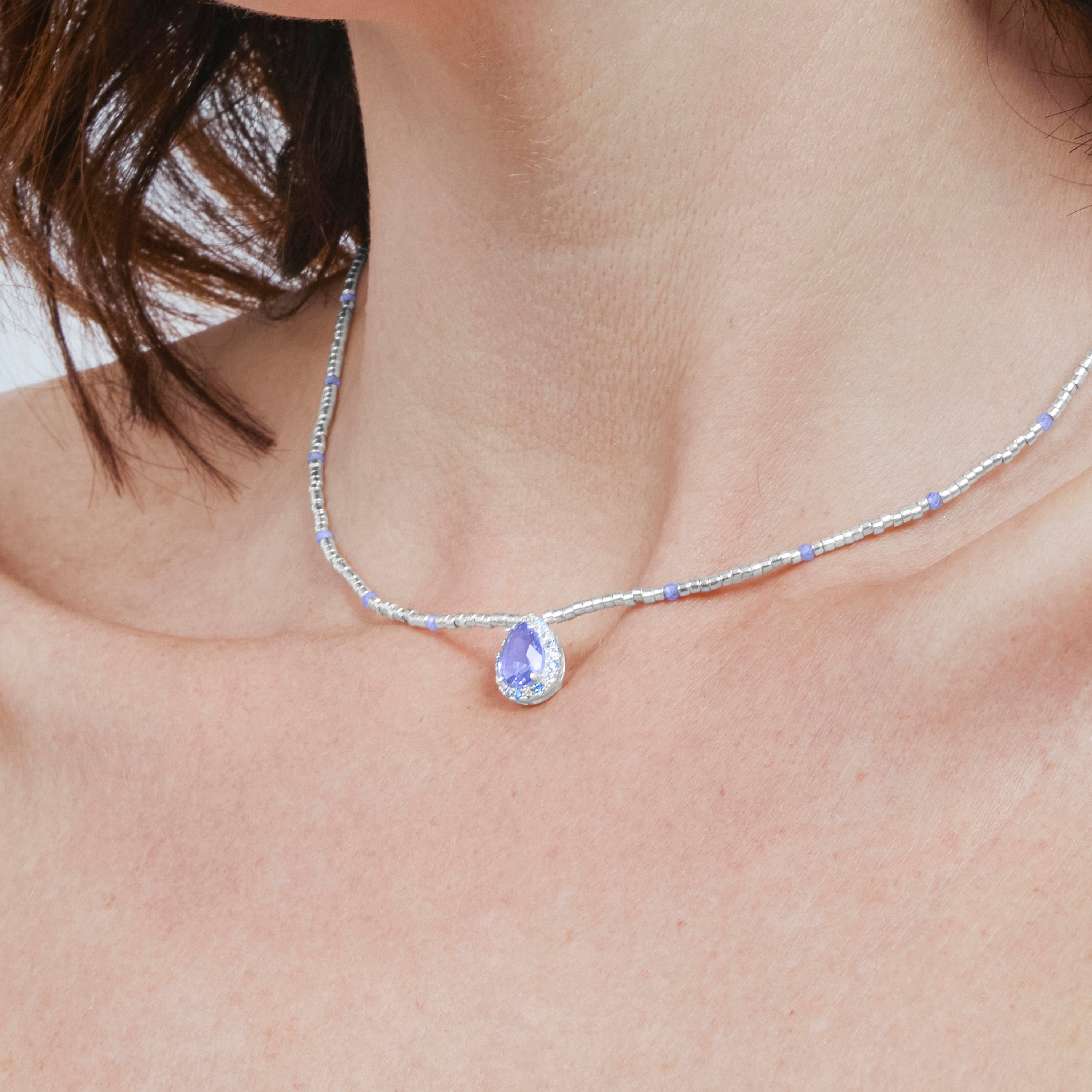 Collier en argent sterling 925 et quartz hydrothermal topaze bleue finition rhodiée - Simder