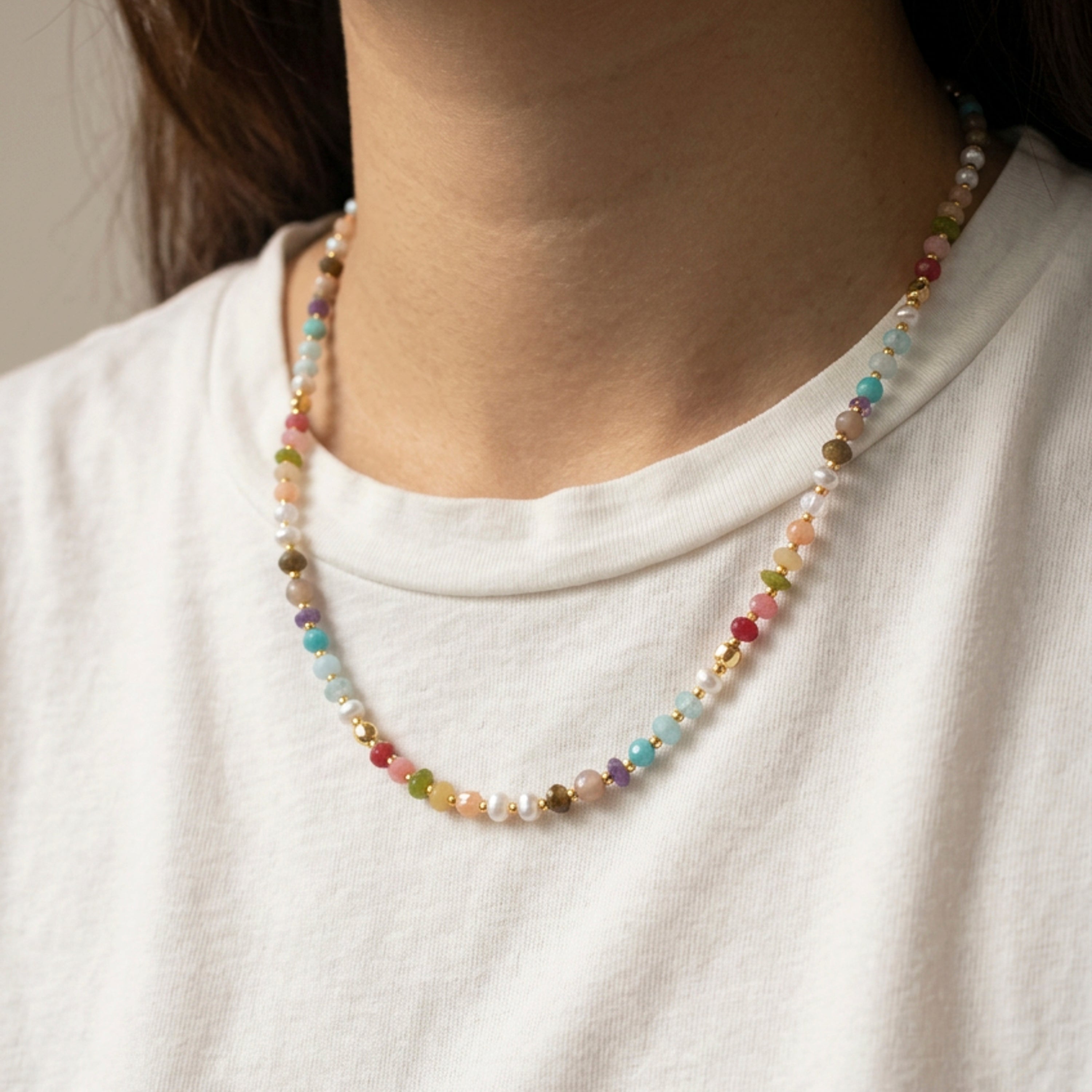 Sterling Silver 925 Necklace with Multicolored Natural Stone Finished in 18k Yellow Gold - Abdas