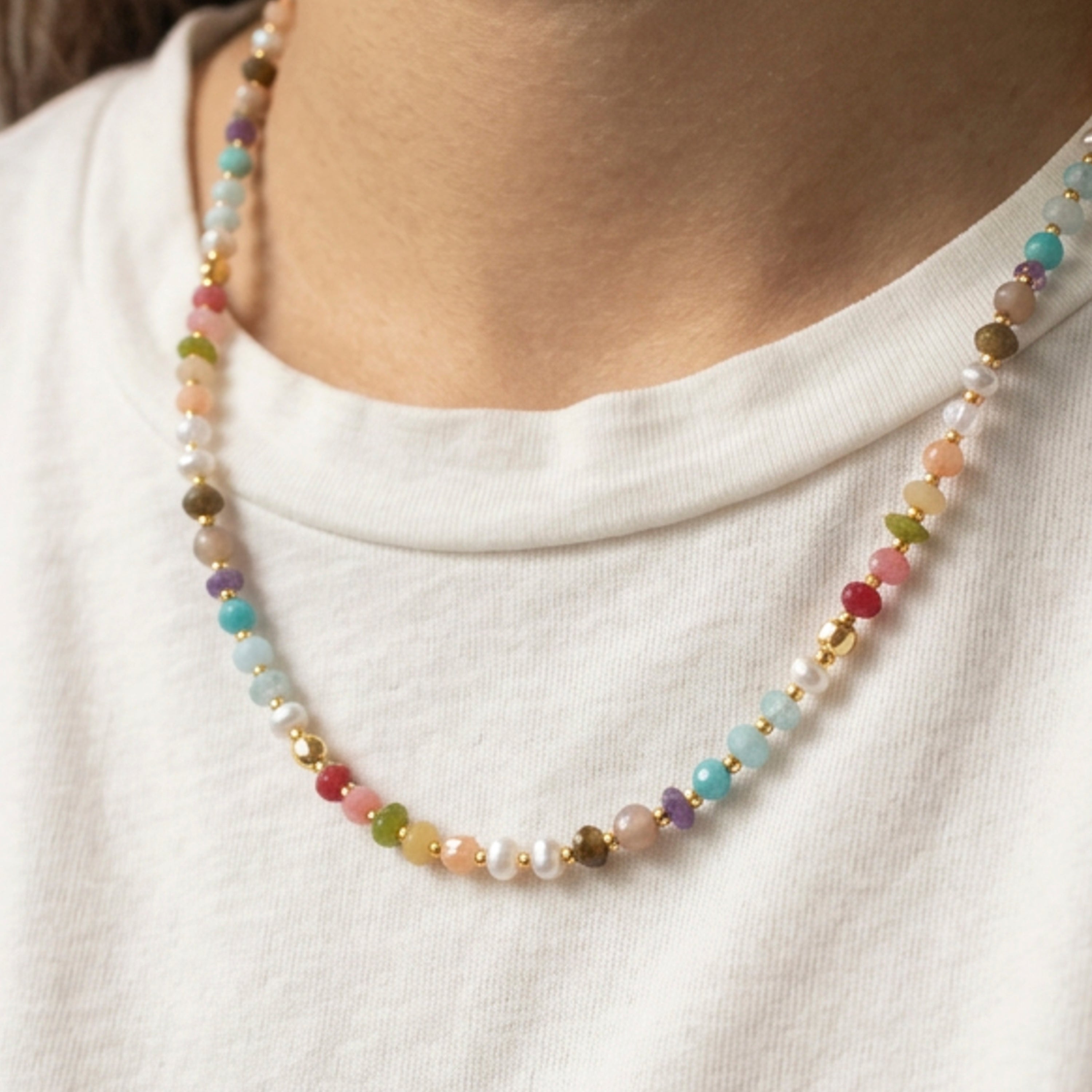 Sterling Silver 925 Necklace with Multicolored Natural Stone Finished in 18k Yellow Gold - Abdas