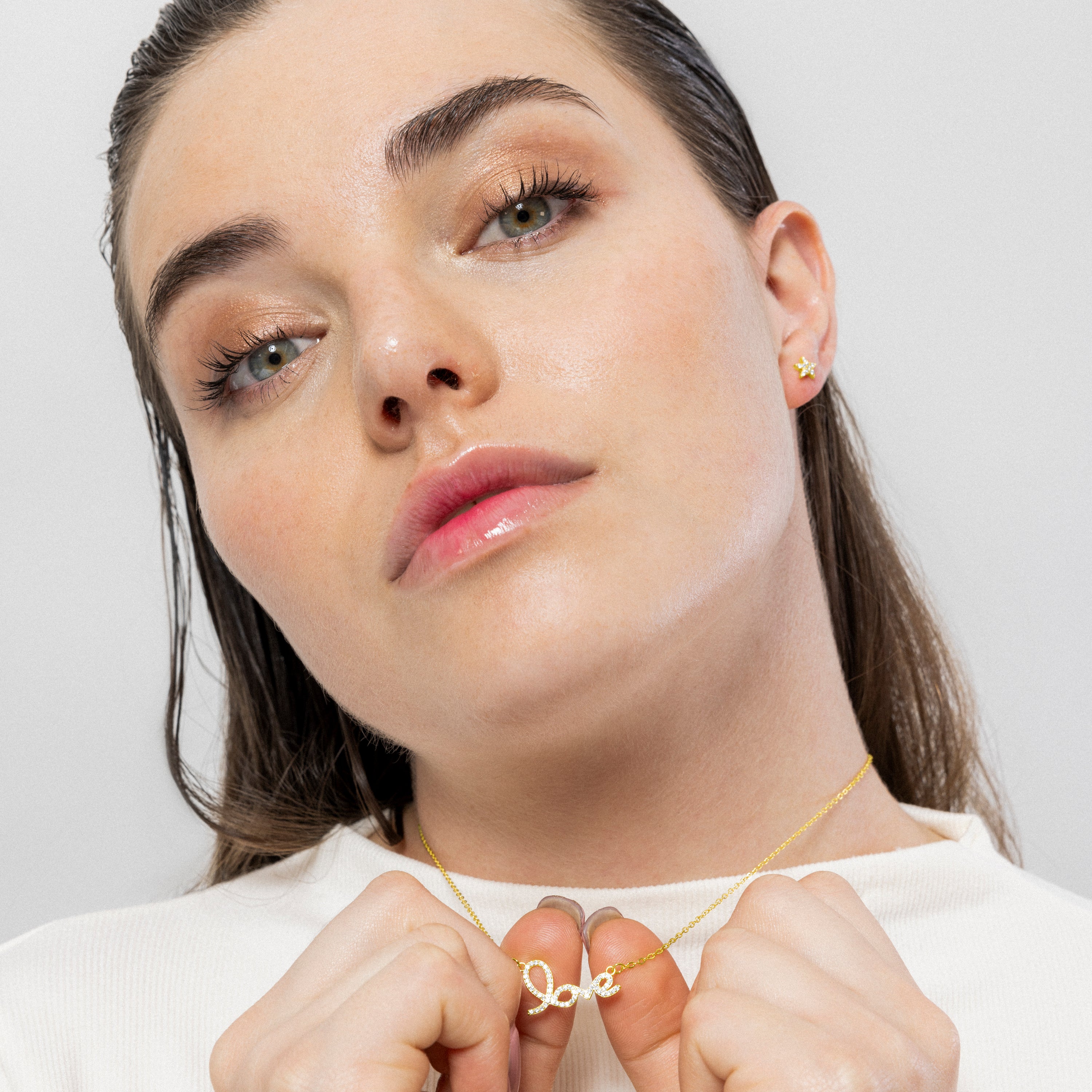 925 Sterling Silver Necklace with Brilliant Zirconia finished in 18k Yellow Gold - Love