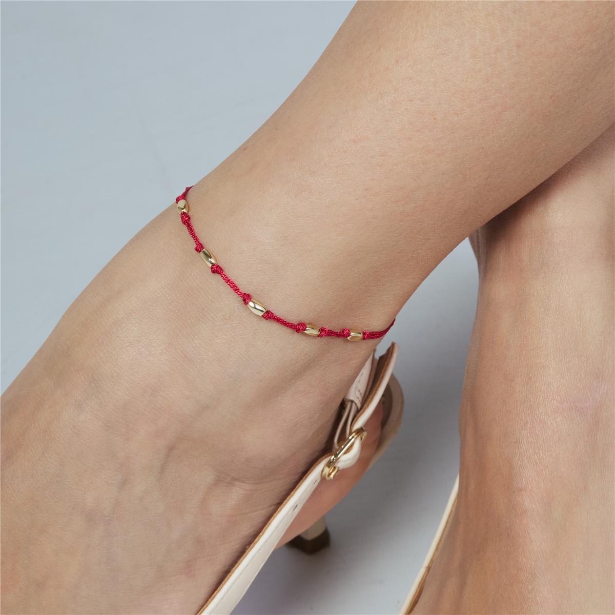 Red Metal Alloy and Cotton Anklet with Rhodium Finish - Buawe
