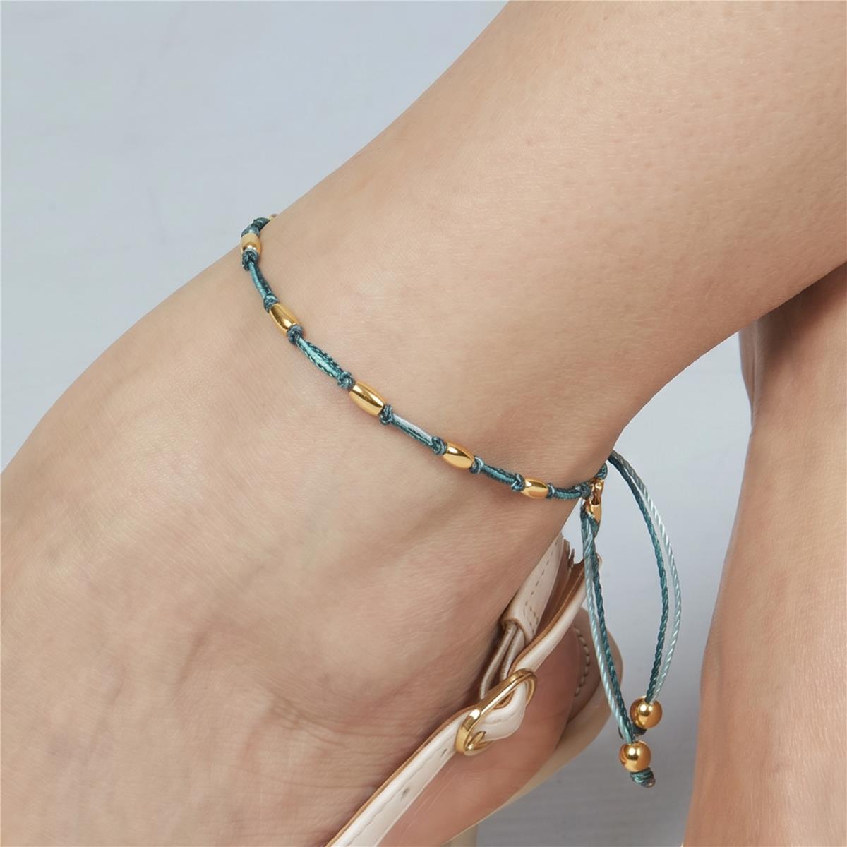 Fußkettchen aus Metalllegierung und dunkelgrünem Baumwollstoff mit Rhodium-Finish - Buawe