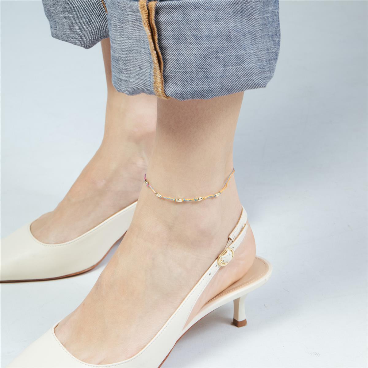 18k Yellow Gold Finish Multicolor Metal Alloy and Cotton Ankle Bracelet - Buawe