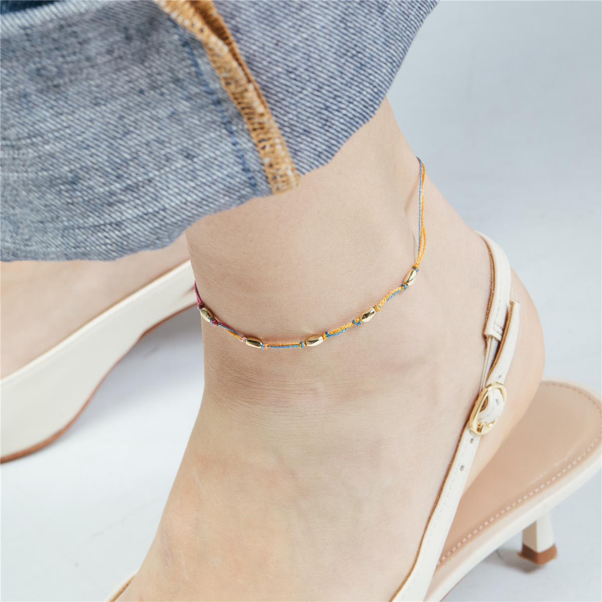 18k Yellow Gold Finish Multicolor Metal Alloy and Cotton Ankle Bracelet - Buawe