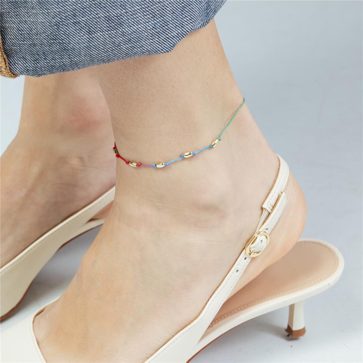 18k Yellow Gold Finished Multicolor Fluorescent Metal Alloy and Cotton Ankle Bracelet - Buawe