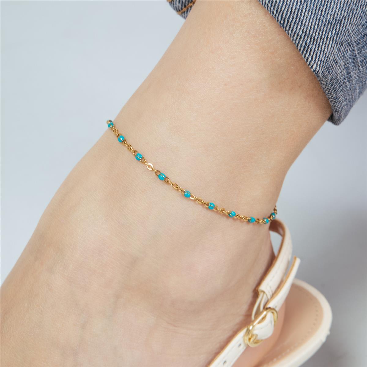 18k Yellow Gold Finished Blue Lacquer and Metal Alloy Ankle Bracelet - Belme