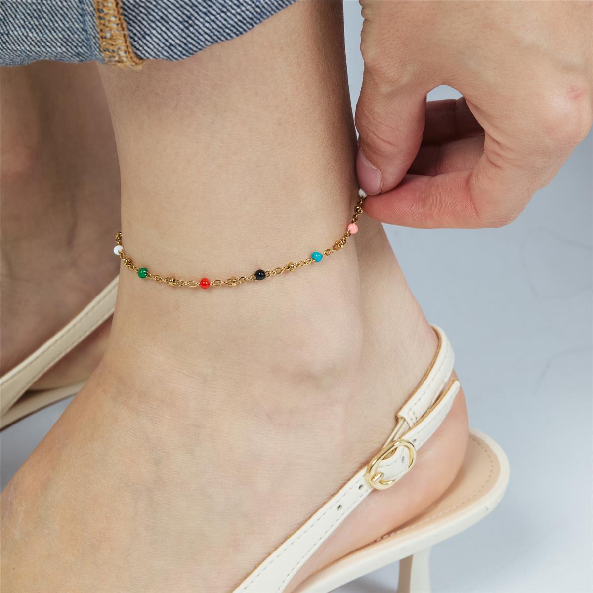 18k Yellow Gold Finished Multicolor Lacquered Metal Alloy Ankle Bracelet - Belme
