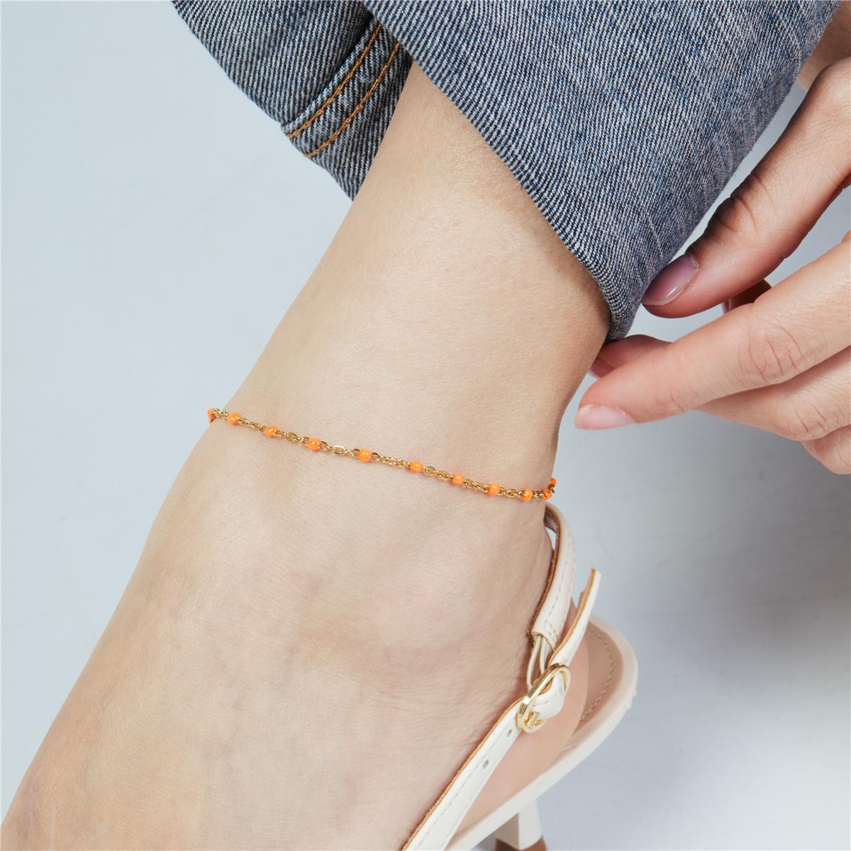 18k Yellow Gold Finished Orange Lacquer and Metal Alloy Ankle Bracelet - Belme