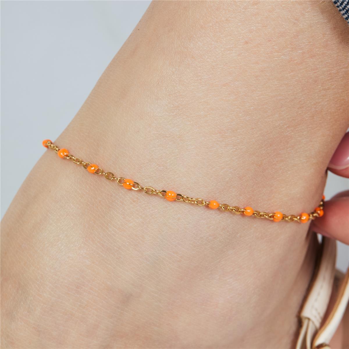 18k Yellow Gold Finished Orange Lacquer and Metal Alloy Ankle Bracelet - Belme