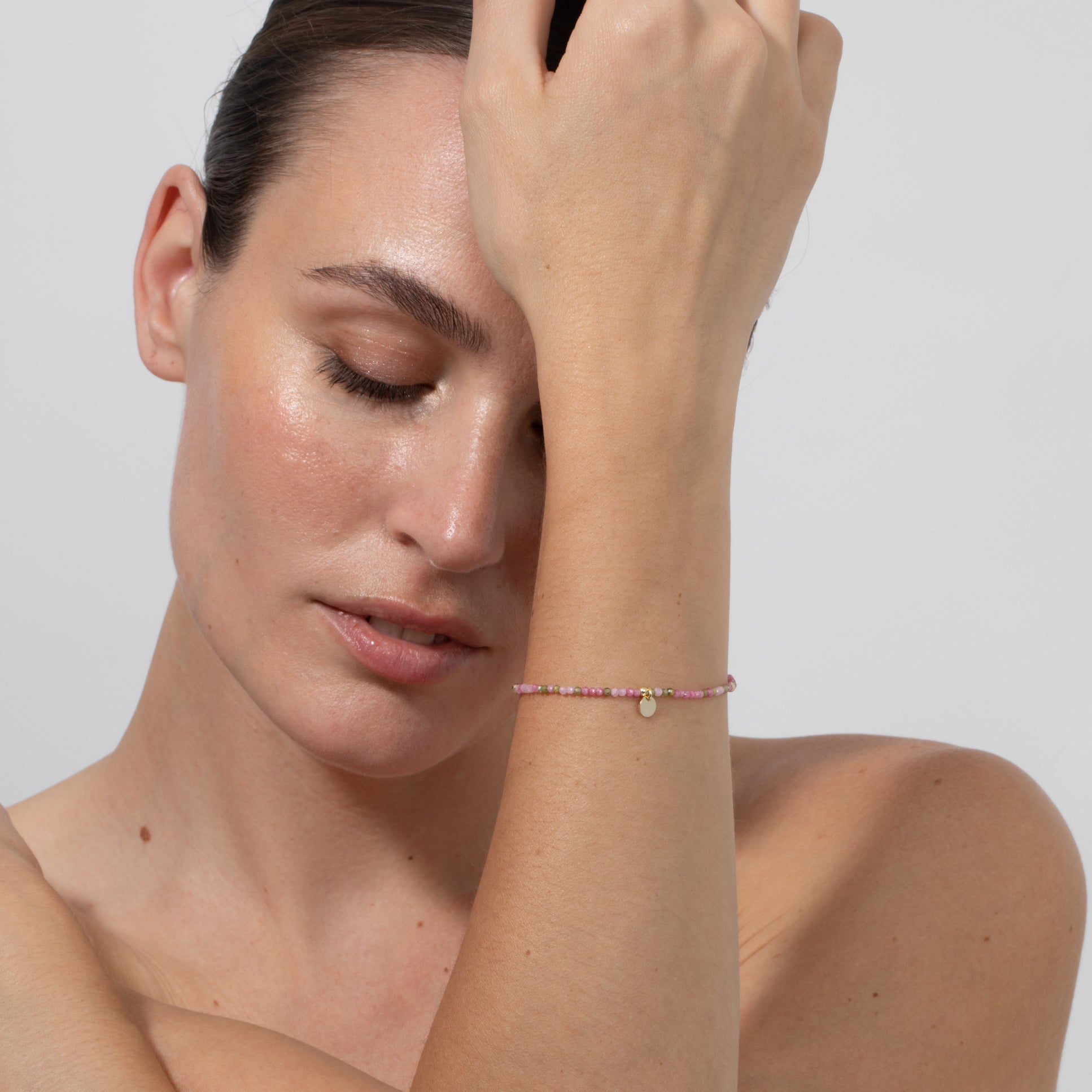 18k Yellow Gold Finished Pink Crystal and Metal Alloy Bracelet - Hilry