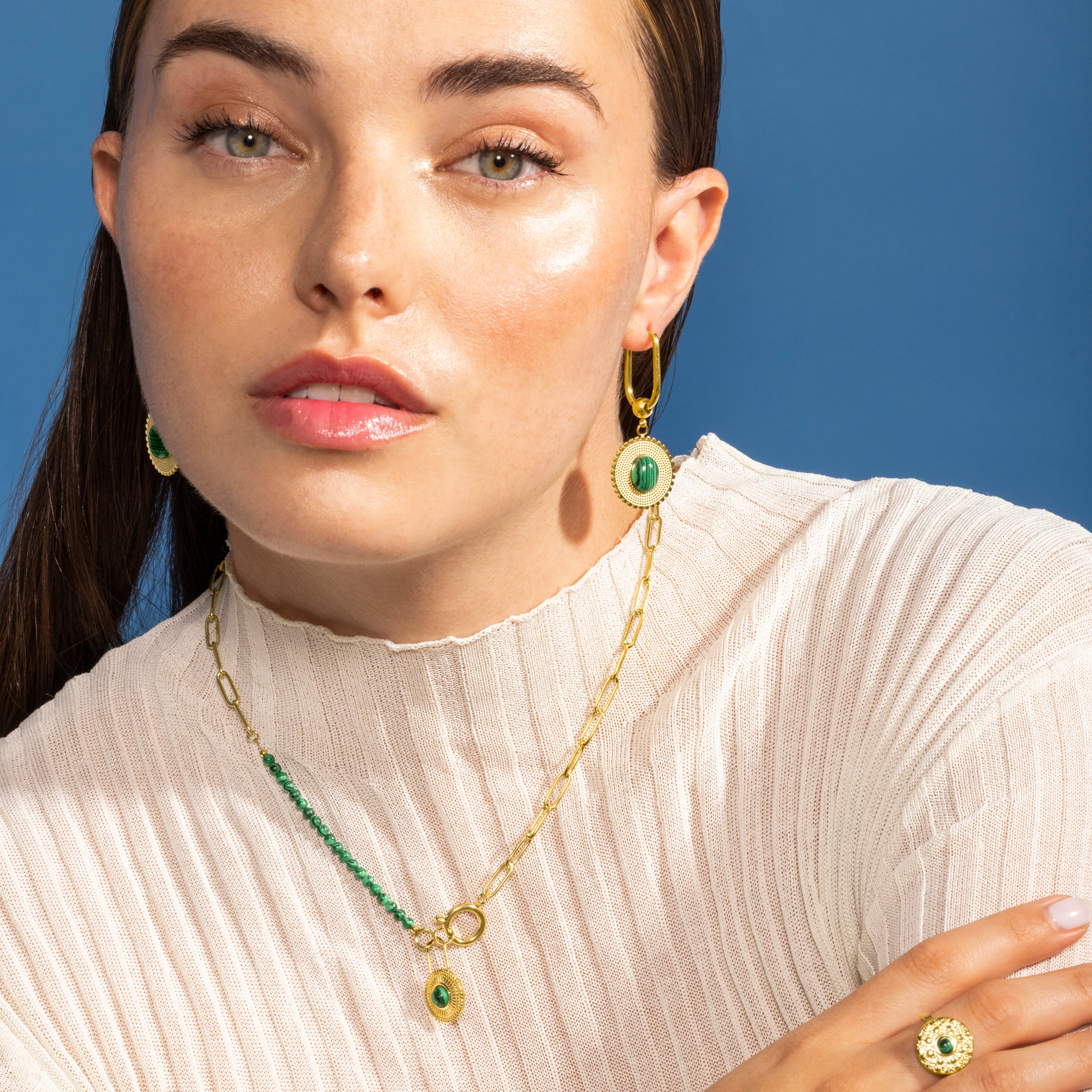 Boucles d'oreilles en malachite finies en or jaune 18K - Elknu