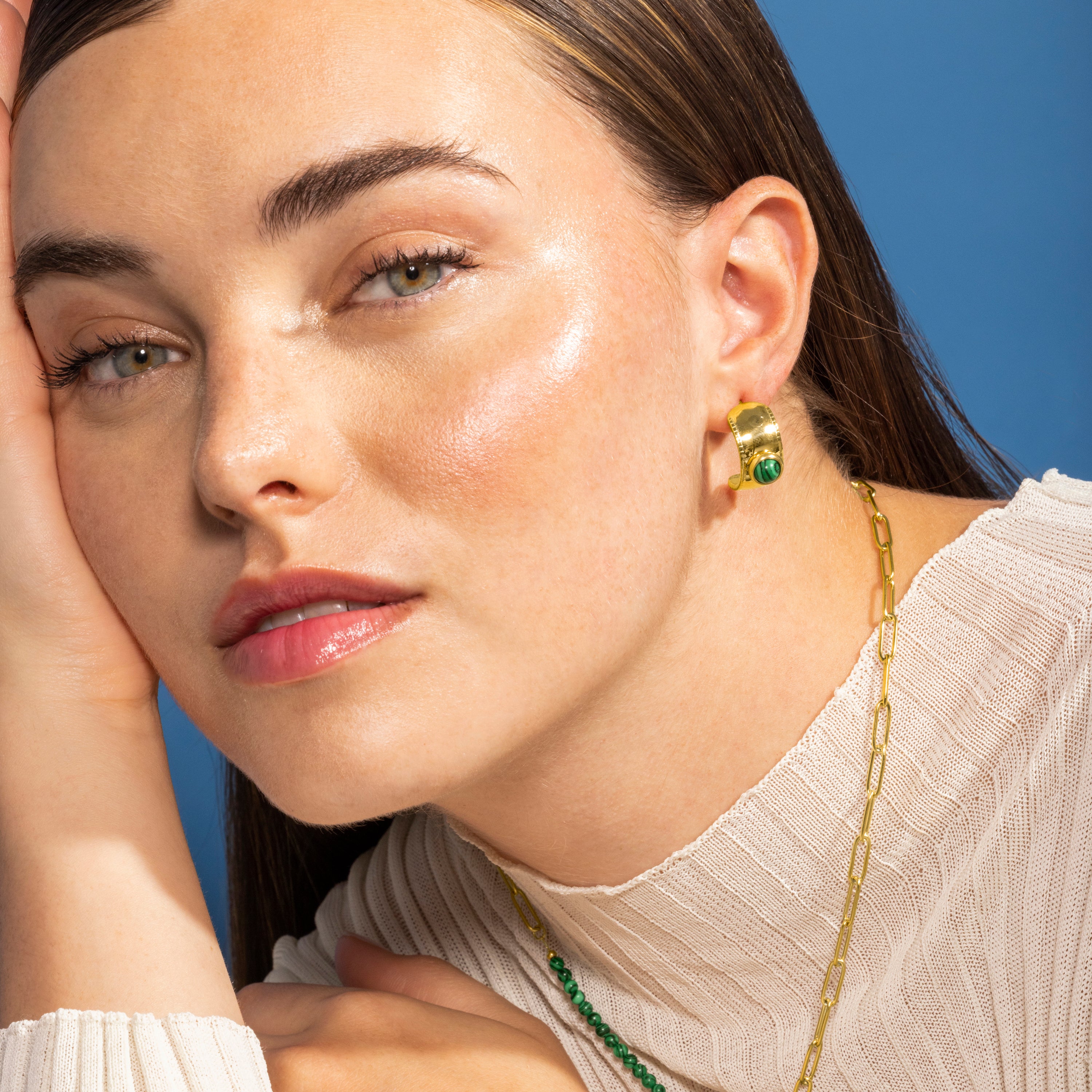Brincos de Malaquita acabados em ouro amarelo 18K - Dadao