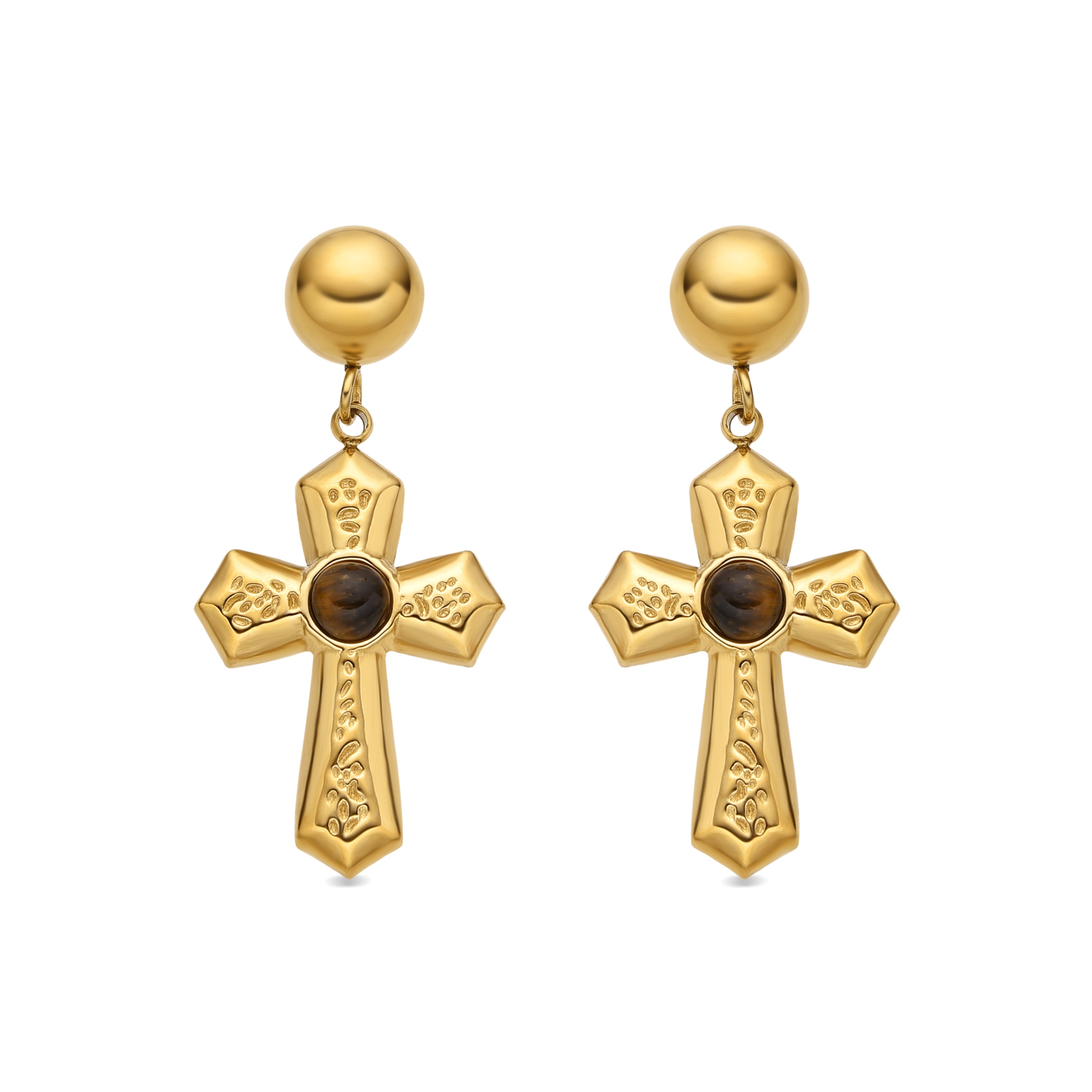 Brincos com Olho de Tigre acabamento ouro 18k - Anleh
