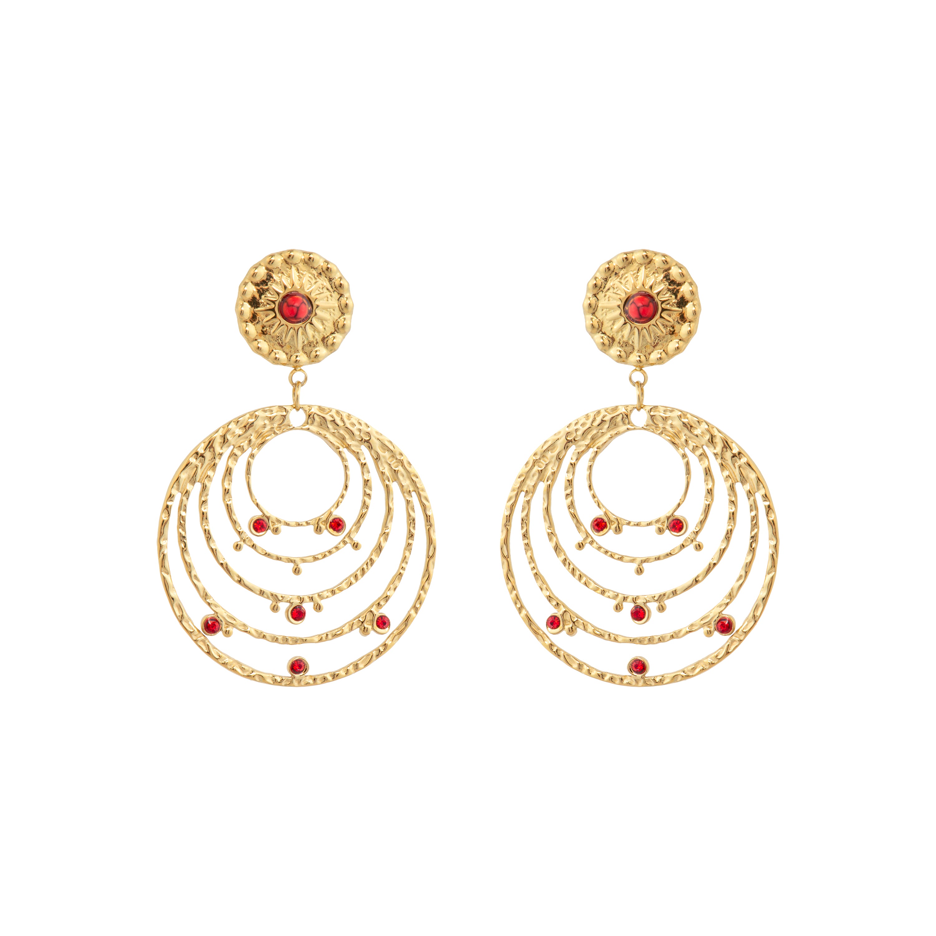 Brincos acabamento ouro amarelo 18k e Cristal Vermelho - Malema