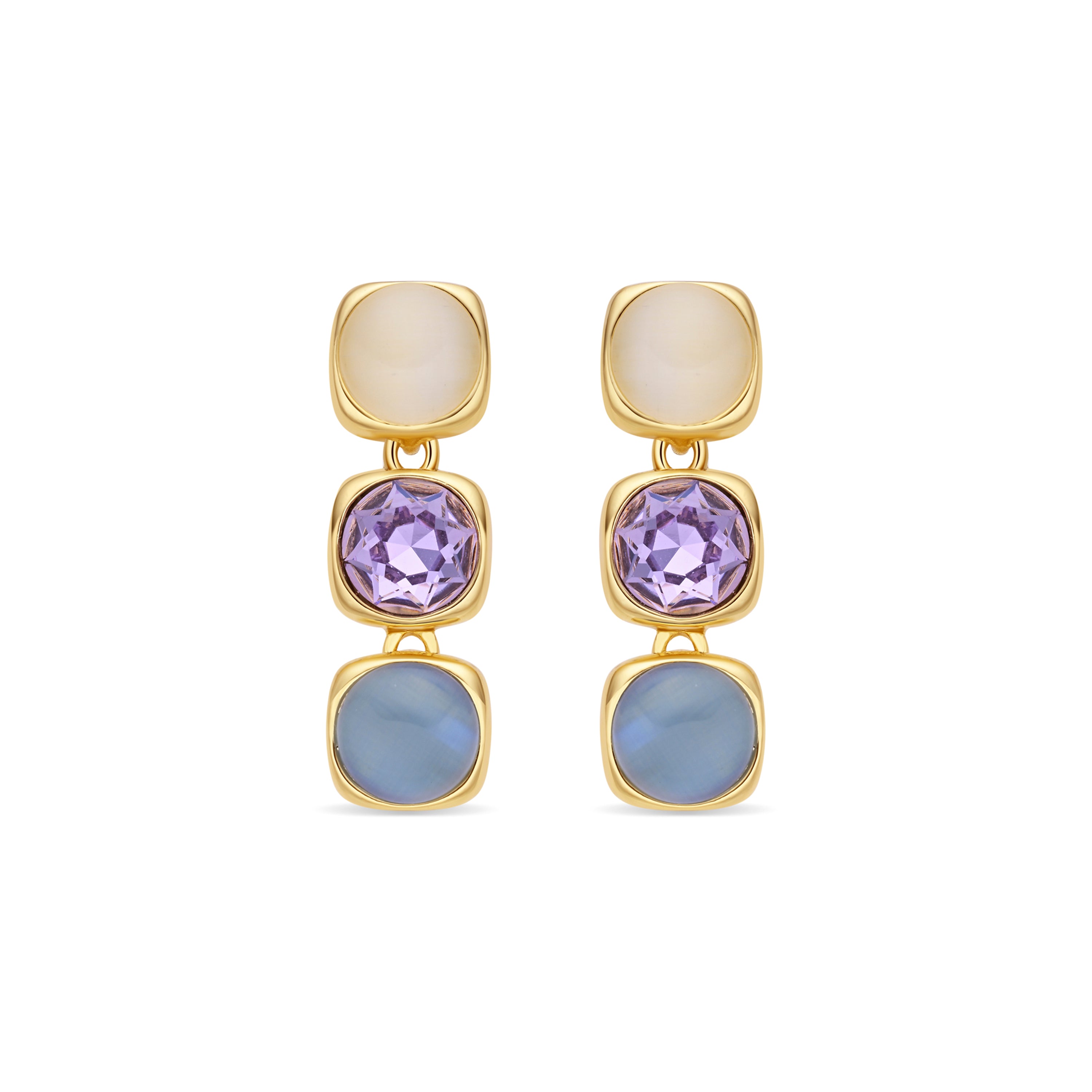 Brincos de Olho de Gato Azul com acabamento em ouro amarelo de 18k - Shureo