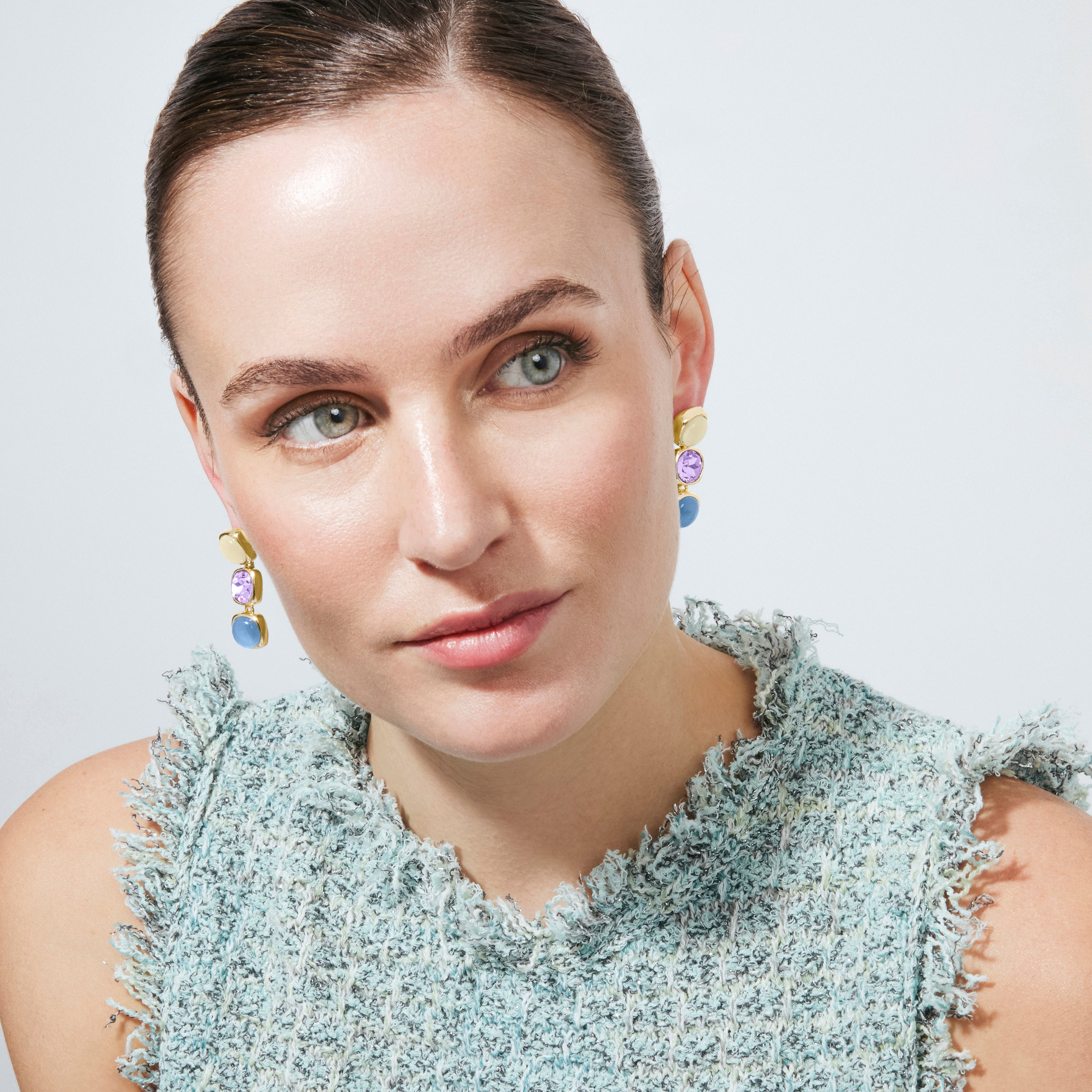 18k Yellow Gold Finished Blue Cat's Eye Earrings - Shureo