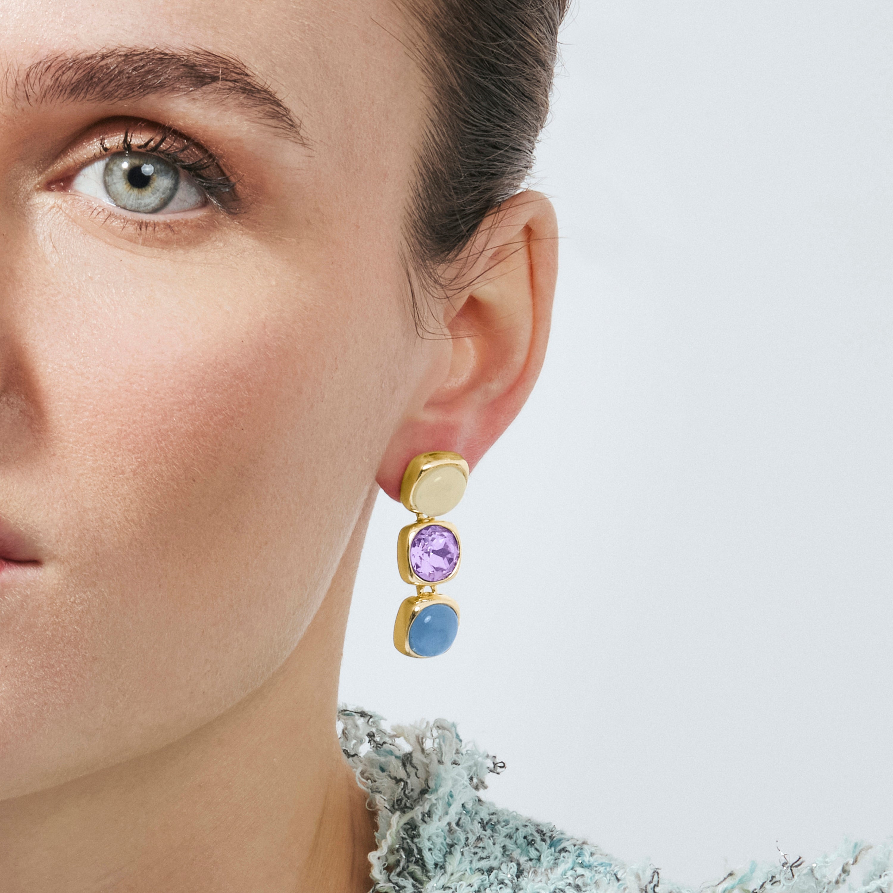 18k Yellow Gold Finished Blue Cat's Eye Earrings - Shureo